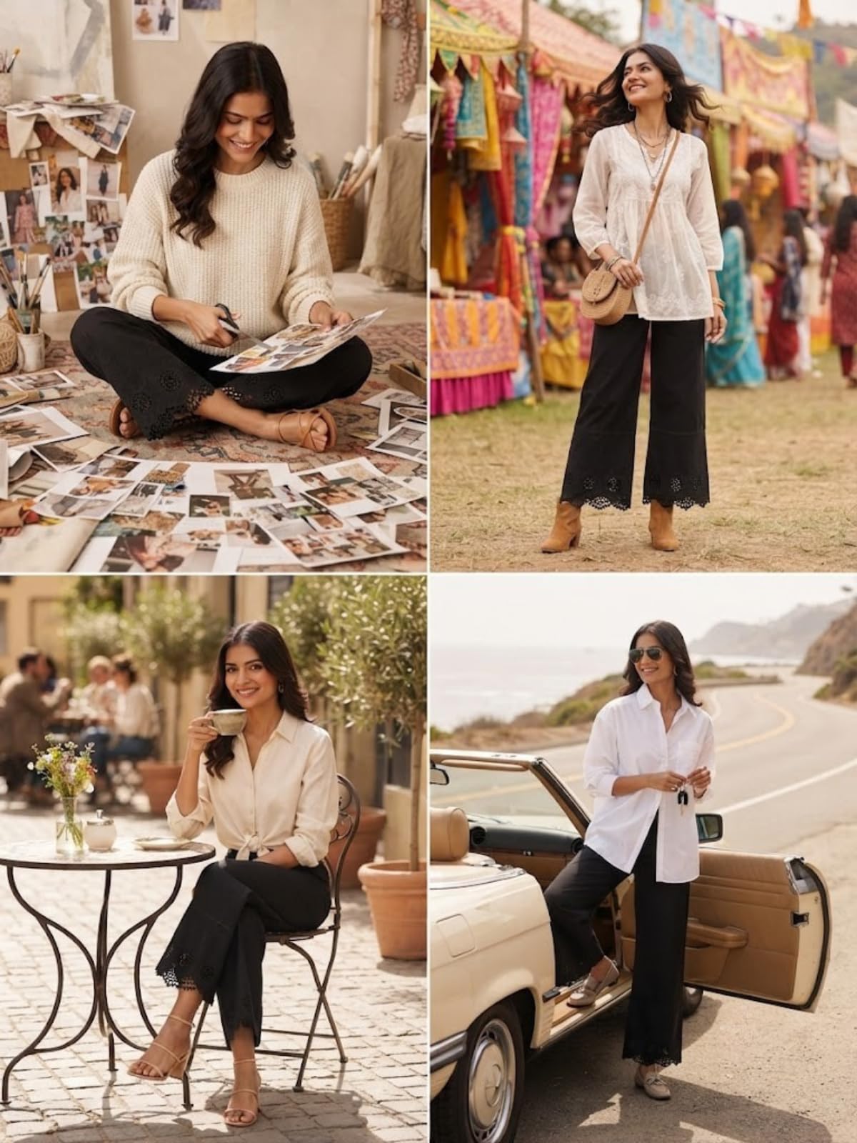 Leriya Fashion Pantaloni da donna | Pantaloni palazzo etnici in cotone con ricamo in pizzo | elastico in vita gamba larga casual pantaloni da donna | comodi pantaloni estivi da donna
