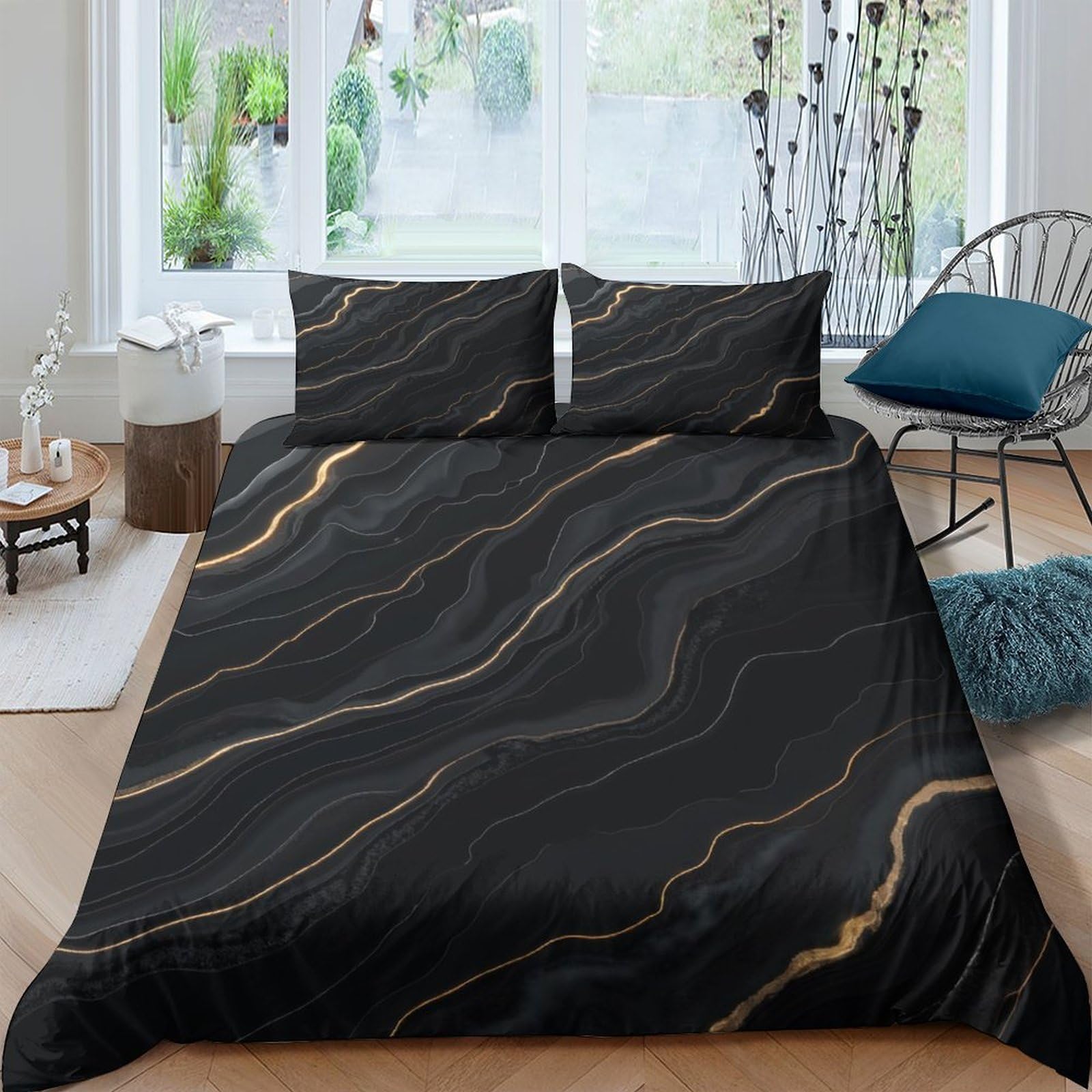 Ctjqhvkz Style-2 3D Printed Black Marble Fitted Sheet Microfiber Gold Vein Bed Cover Non-Slip Machine Washable For Bedroom Decor Single（135X200cm）