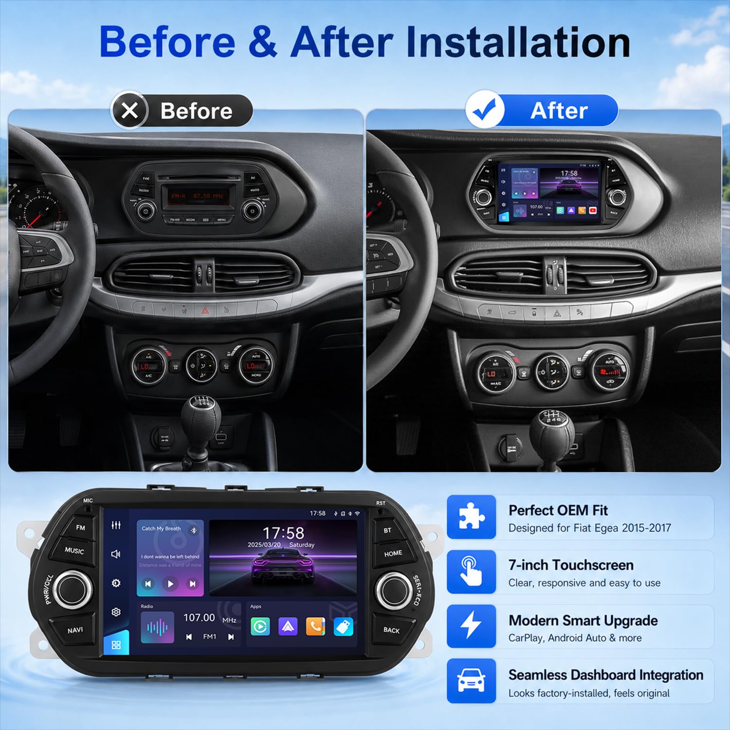 Linux radio samochodowe do FIAT Tipo/Egea (2015-2017) z CarPlay i Android Auto | 7-calowy wyświetlacz HD, Plug & Play, Bluetooth, FM/AM/RDS/USB/DSP