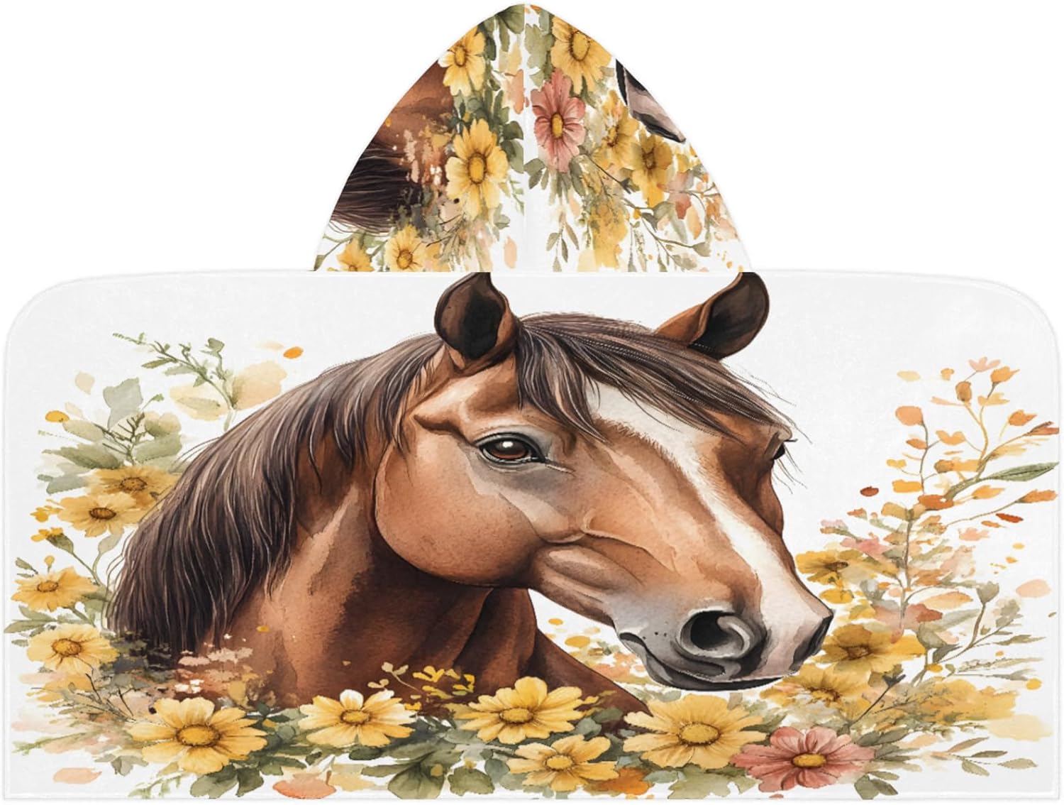 Horse Flower Beach Towel for Boys Girls Farm Animal Absorbent Soft Kids Hooded Towels for Pool Swim Bath Camping, 24 in x 50 in