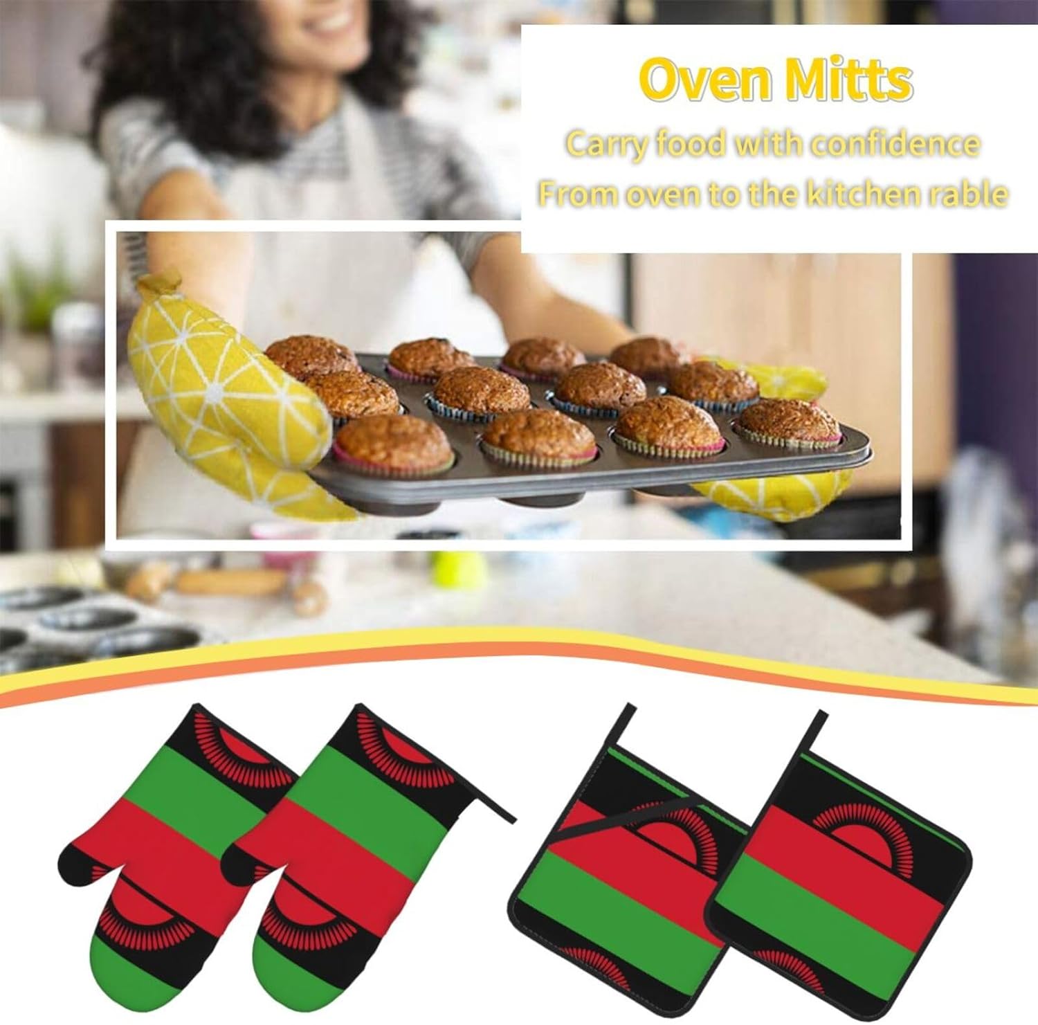 Flag of Malawi Oven gloves and heat-resistant mat 4-piece set. Suitable for grilling, microwave oven frying, and baking