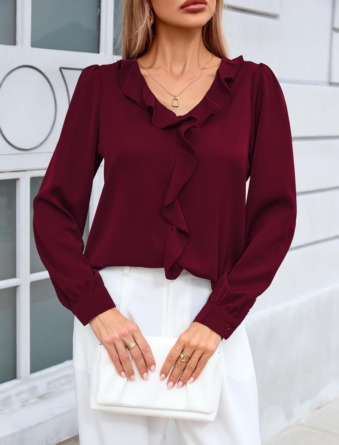 Halife Womens Dressy Casual Blouses Long Sleeve Business Tops Ruffle V Neck Trendy Work Shirts - Image 2