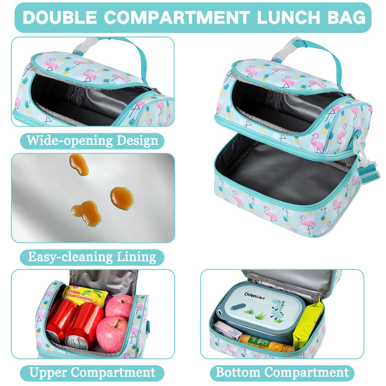 VASCHY Sac Isotherme Repas Enfants Garçons, Sac à Lunch Portatif à Compartiments Séparés Réutilisable Sac à Main de Déjeuner avec Bandoulière Réglable pour École et Pique Nique (Dinosaure Jaune