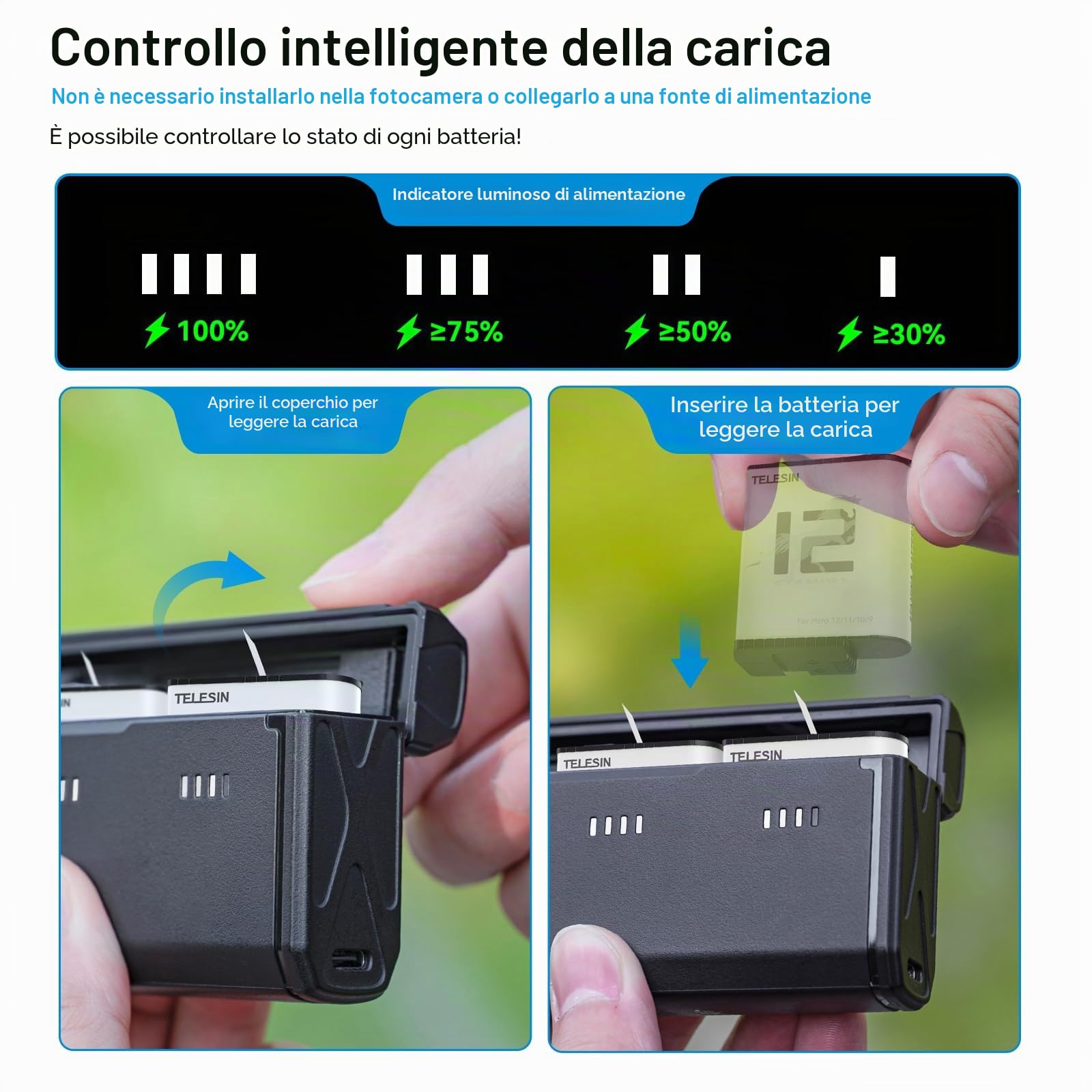 TELESIN Caricabatteria Tascabile per GoPro Hero 12 11 10 9, Ricarica Rapida, Design Portatile, 3 Slot, 2 Memorie per Schede TF, Compatibile con Batterie Enduro e Standard, Accessori