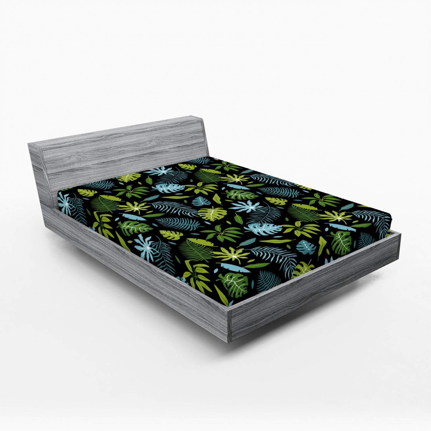 Ambesonne Nature Art 2 Pack Fitted Sheet, Tropical Jungle Forest, Bed Cover All-Round Elastic Deep Pockets 2 Pieces, Package Contains 2 Queen Size Fitted Sheets, Lime Green and Sky Blue