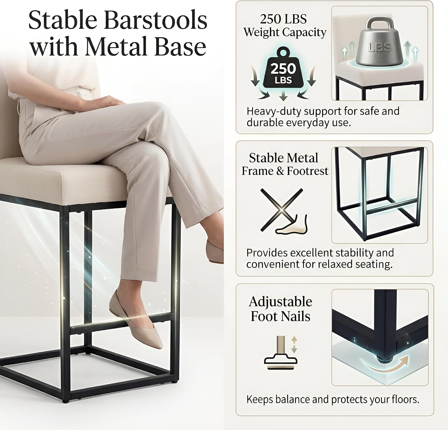 HNY Modern Counter Height Bar Stool, Linen Fabric Upholstered Bar Stool with Backs, 27 Inch Kitchen Island Stools with Black Metal Frame, Cream