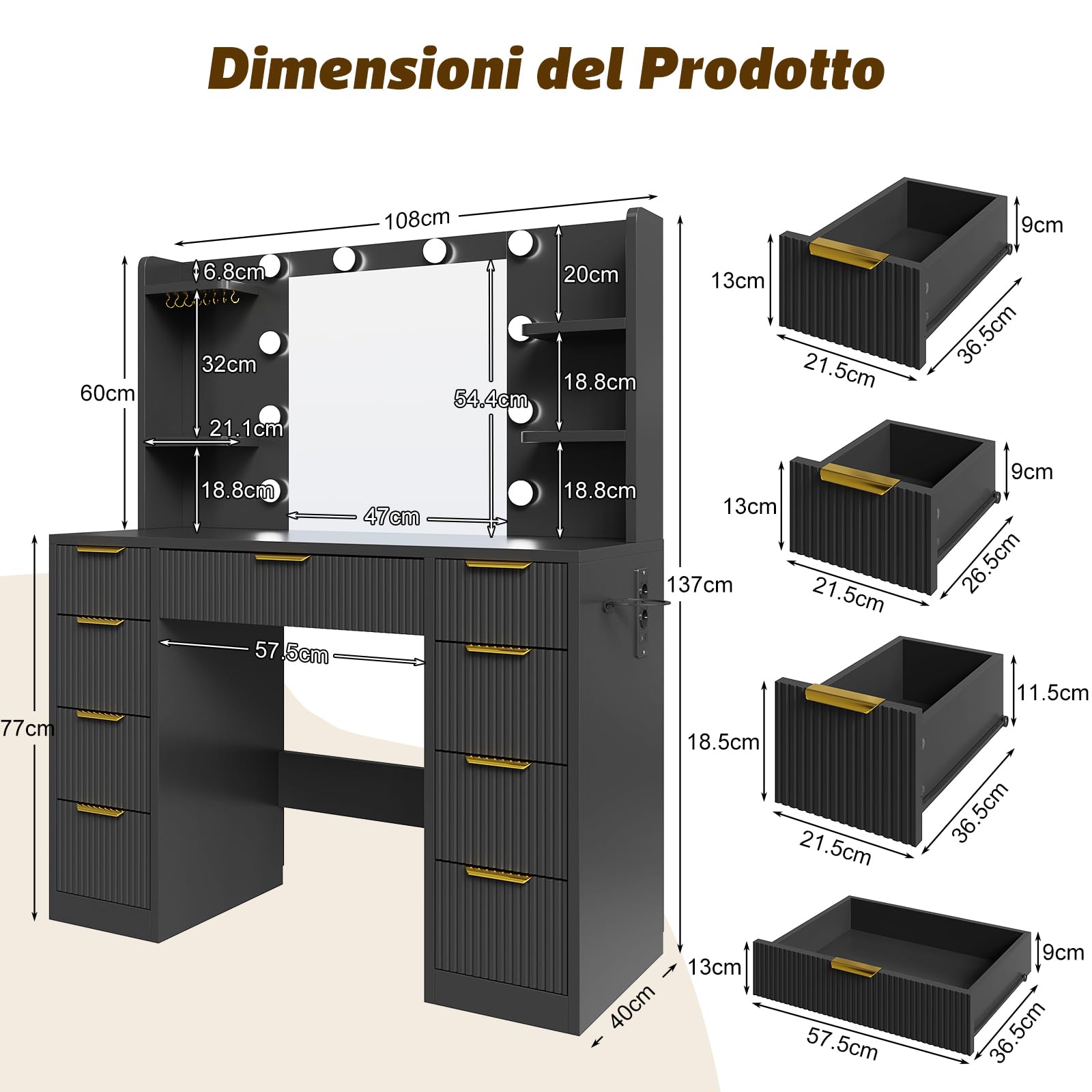 Devoko Mobile da Trucco Moderno con Illuminazione e Presa - Grande Comodino con Specchio, 9 Cassetti e Porta Phon, Tavolo Vanity per il Make-up (Nero)
