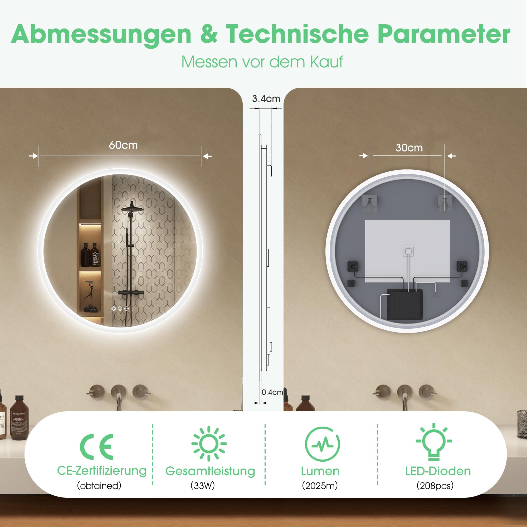 S'bagno Runder-Badspiegel-mit-Beleuchtung-60cm, Badezimmerspiegel-mit-Beleuchtung-und-Bluetooth, Entfoggen, 3000K/4000K/6500K, Dimmbar, HD-gehärtetes Glas, Speicherfunktion, IP44