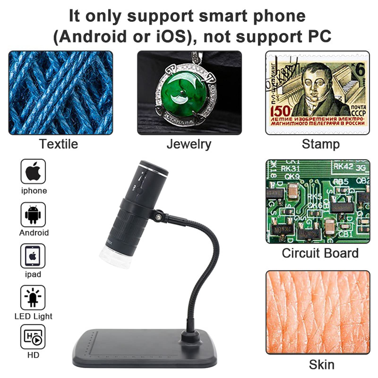 Mikroskop cyfrowy Wifi, bezprzewodowy mikroskop kieszonkowy ręczny aparat mikroskopowy USB 8 LED 1080P HD 50x do 1000x powiększający endoskop z elastycznym ramieniem, kompatybilny z tabletem z systemem Android iOS
