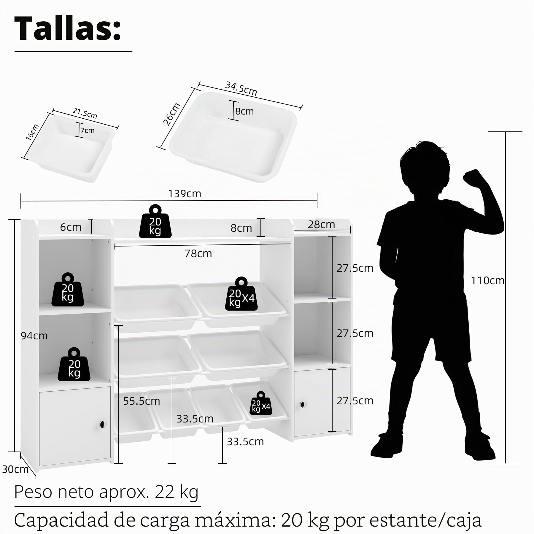 1 Pieza Estantería Infantil Blanca con 8 Cajas y 2 Puertas