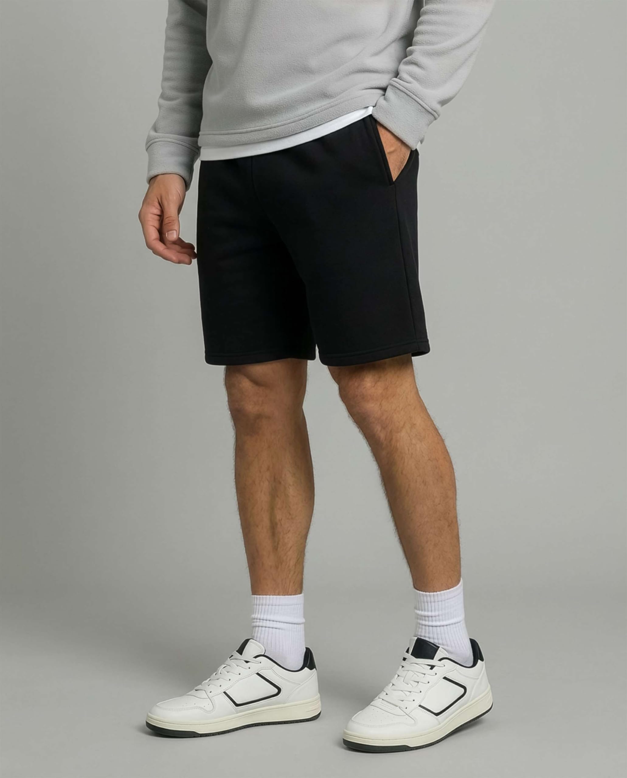 Real Essentials 3er-Pack: Herren-Shorts aus Baumwoll-Fleece, 22,9 cm, Freizeit-Shorts für Fitnessstudio, Lounge und Schlaf, mit Taschen