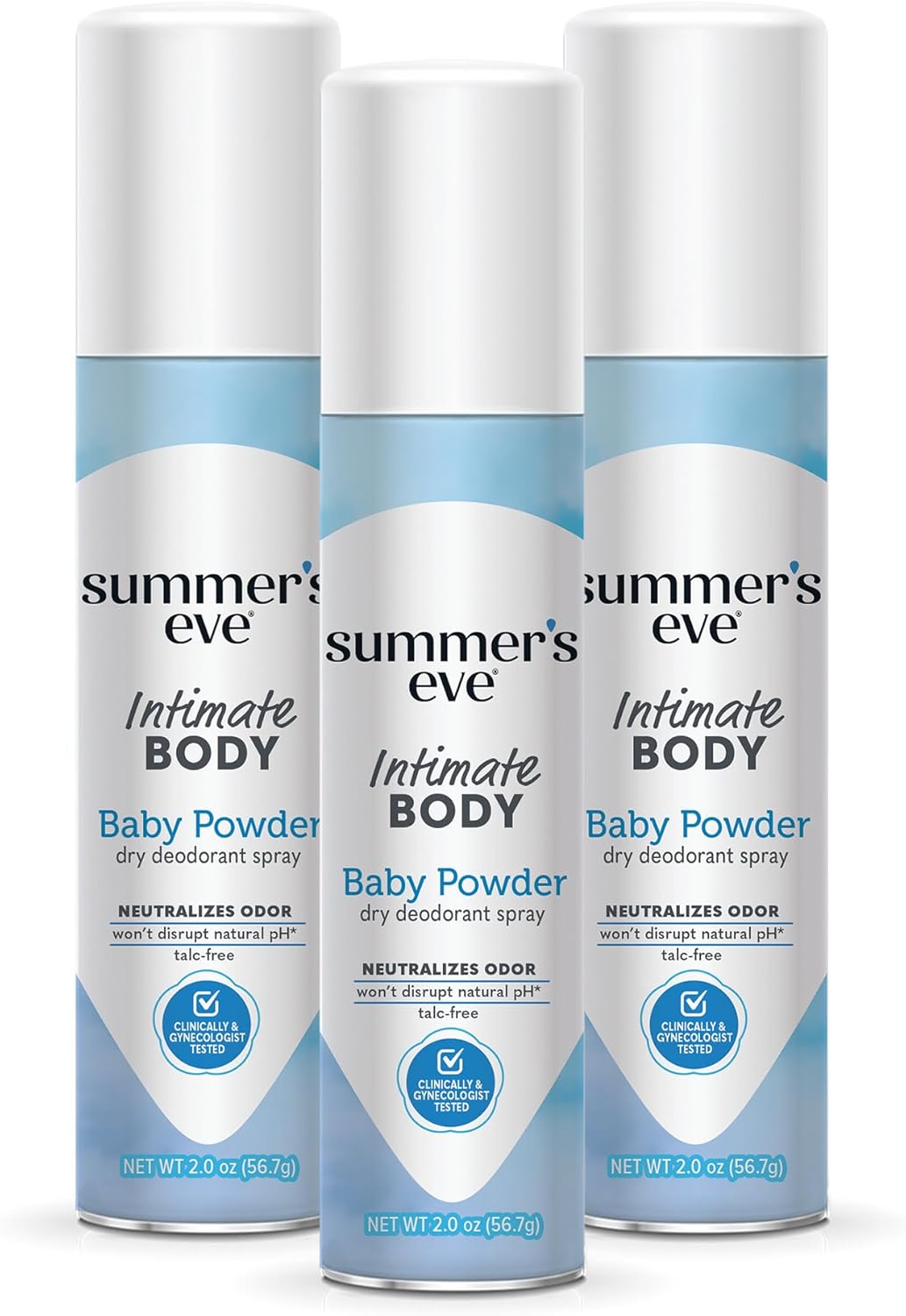 Summer's Eve Baby Powder Gentle Feminine Spray, Talc-Free Odor Neutralizer, pH-Balanced Moisture Absorber, 2oz Pack of 3
