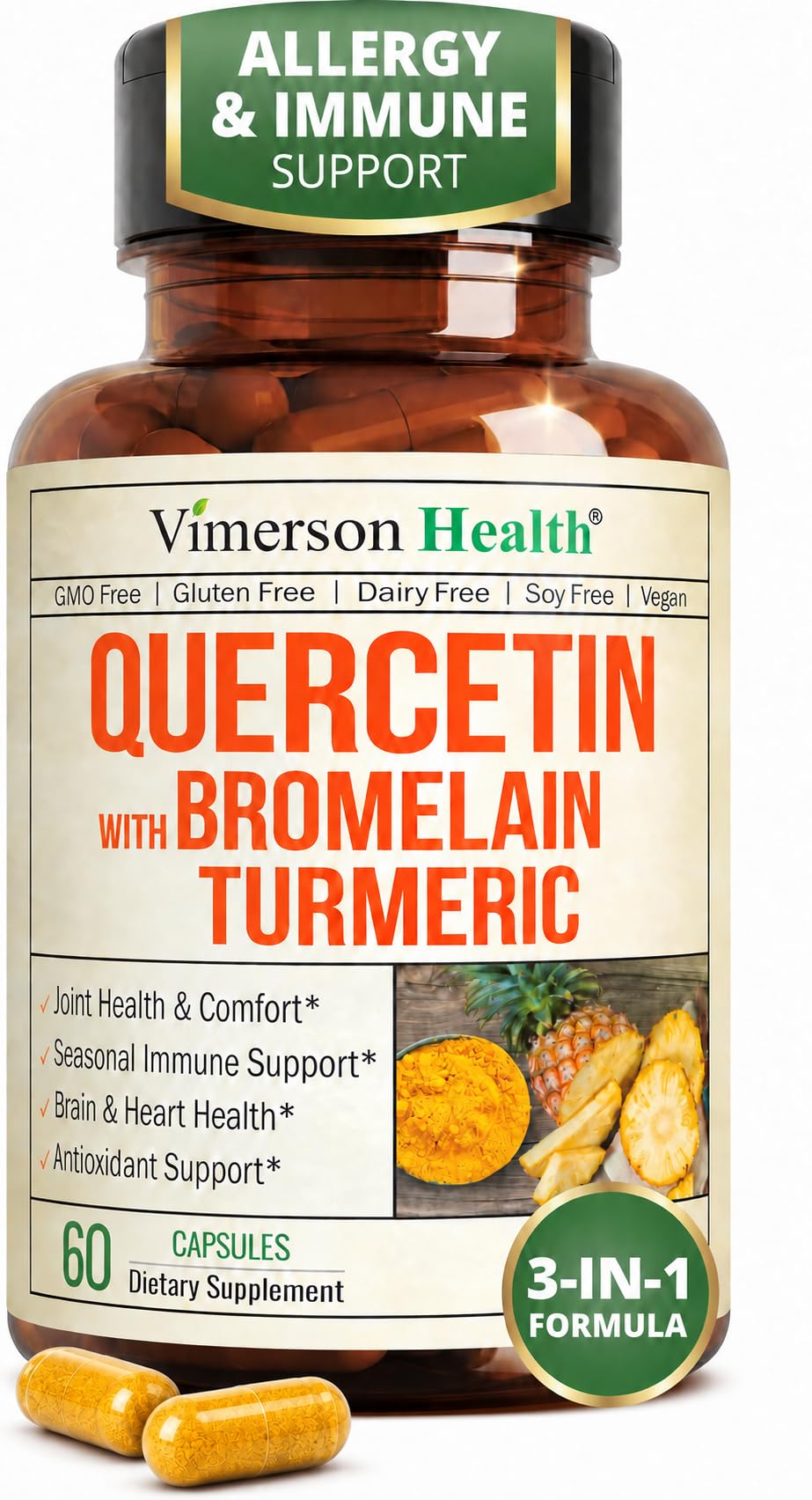 Quercetin with Bromelain Turmeric Curcumin Allergy Supplement - 60 Capsules