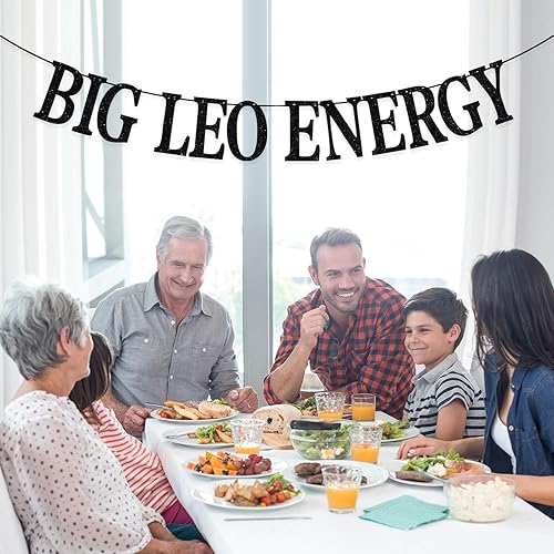 Miniatura 4 de Big Leo Energy Banner, decoración de cumpleaños de Leo, decoración de cumpleaños con 12 constelaciones del zodiaco (purpurina negra)