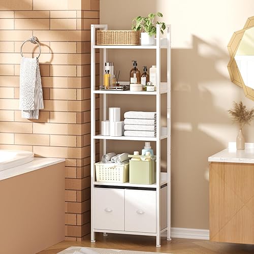 Miniatura 9 de Furologee Estantería de 5 niveles con cajones, estantería alta blanca con estantes, estantes de madera y metal, organizador de almacenamiento