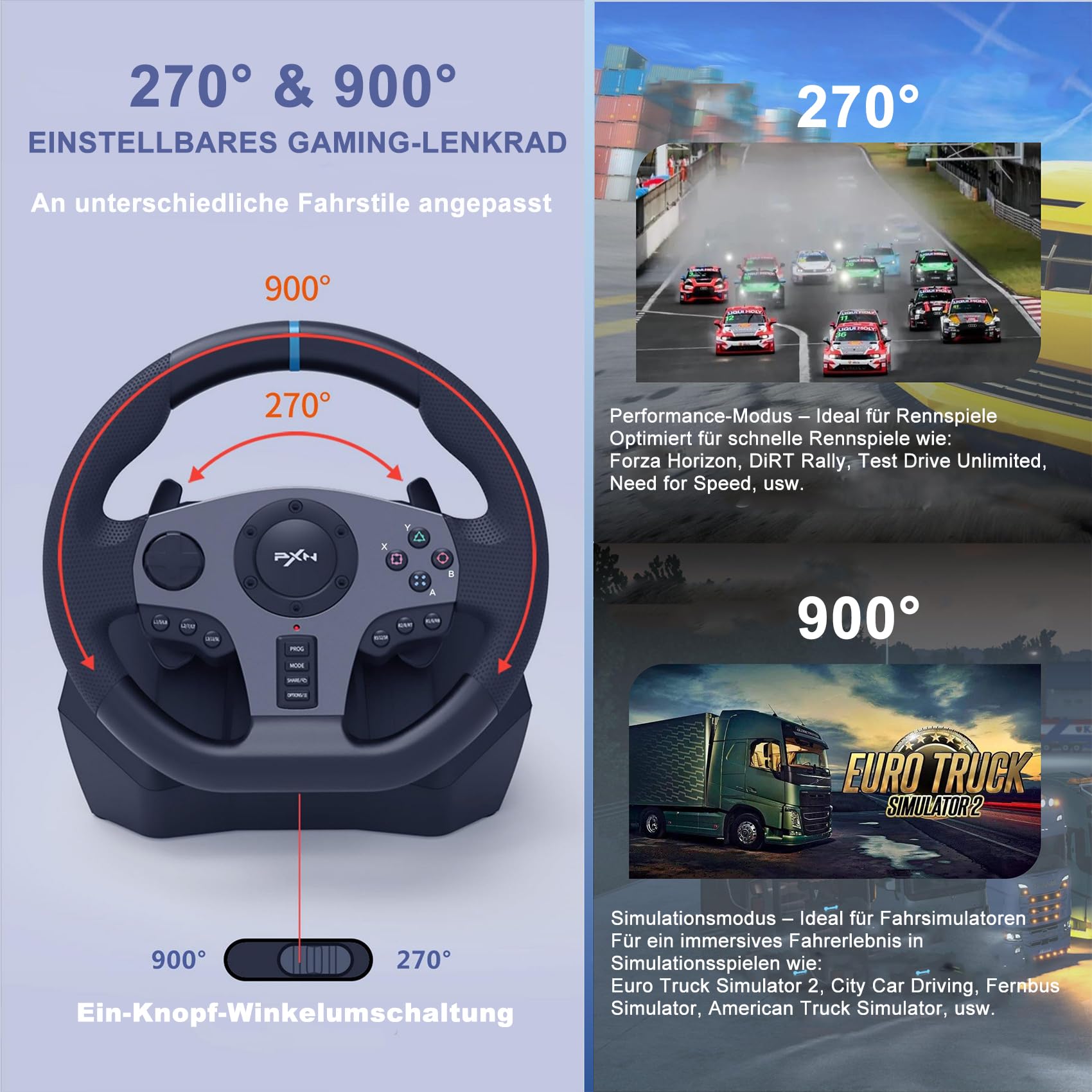 PXN V9 Gaming Lenkrad mit Pedalen und Schaltung - Lenkrad PC, 270&900 Grad, Tool-App, Vibrationsrückmeldung, Schaltwippen - für PC, Xbox, PS4, und PS3