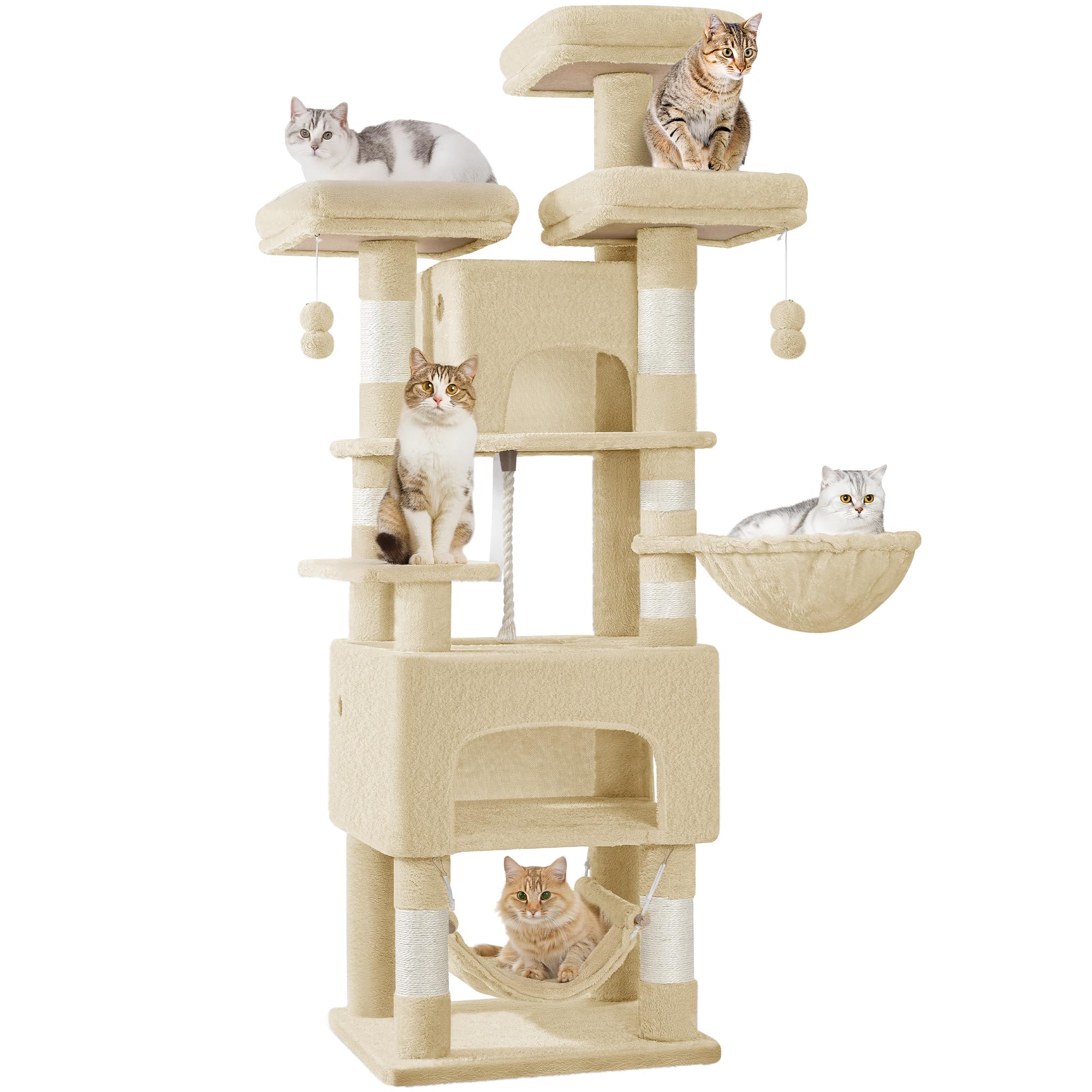 Hzuaneri Cat Tree for Indoor Cats, 176cm Large Cat Tower, Multi-layer Scratching Post with 3 Platforms, 2 Caves, 7 Sisal Posts, Hammock, Pompoms, Heavy-Duty for Multi-Cat Homes Beige MS17618YL — image 1