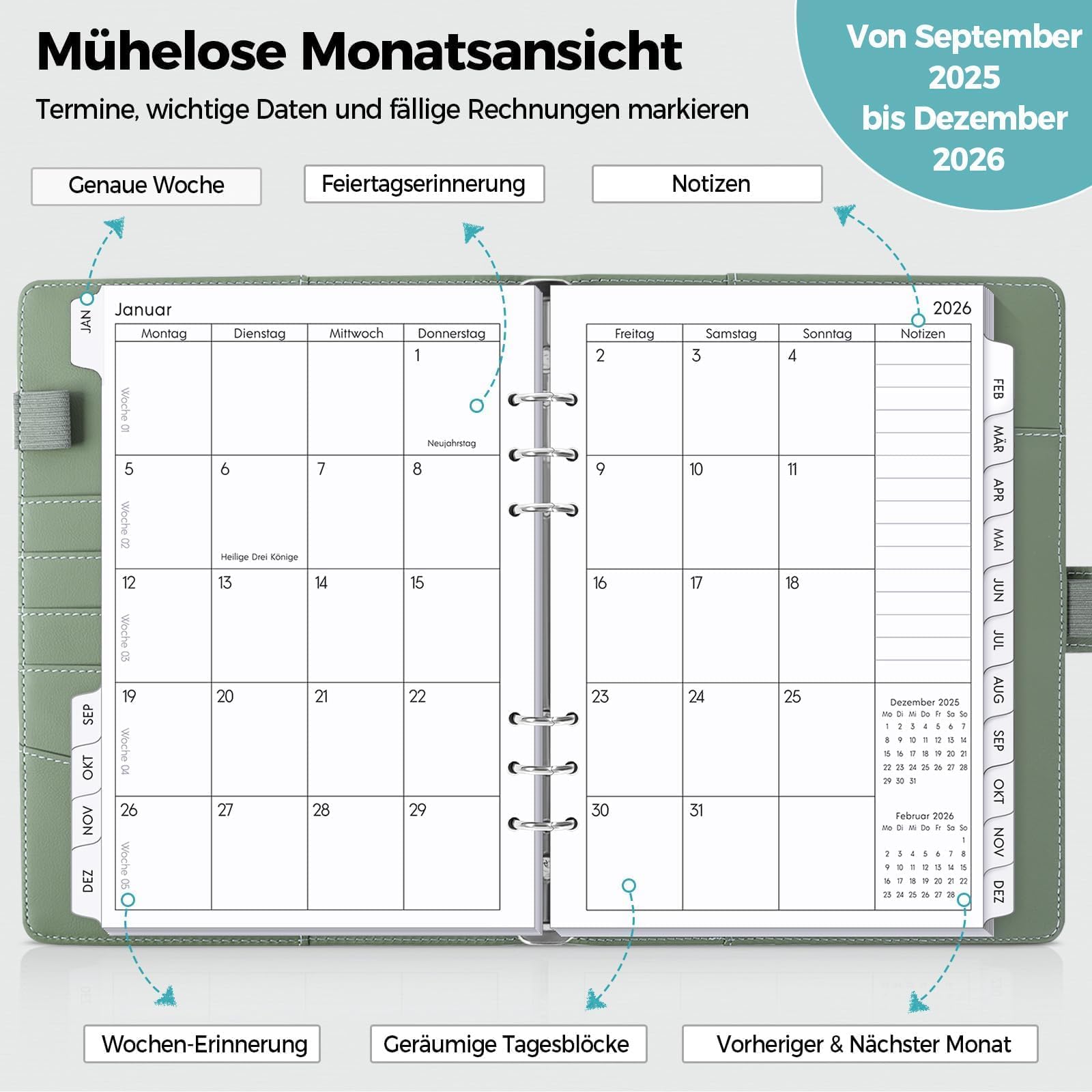SKYDUE Kalender Ringbuch A5 Nachfüllbar,Ringbuch A5 Nachfüllbar, Planer 2026, Terminplaner 2026 Perfekt Für Schüler Und Berufstätige(Olivgrün)