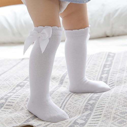 Miniatura 5 de Calcetines altos hasta la rodilla para bebés y niñas, con lazo, tubo con volantes, de algodón, calcetines largos para bebés y niños pequeños, 5 pares