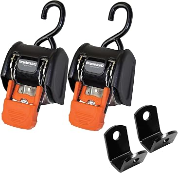 CargoBuckle G3 Retractable Ratchet Tie-Down System 2-Pack with Heavy Duty Straps & S-Hook, 3,500 lbs Break Strength, and Universal Mounting Brackets for G3 & Mini G3