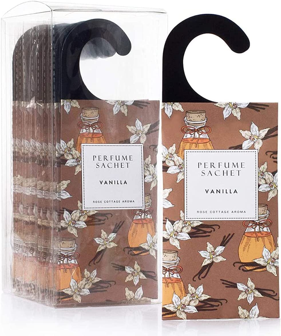 Vanilla Hanging Sachet Closet Deodorizer, 1 Pack/ 12 Pcs Scent Sachet Drawer Freshener Closet Air Freshener Scented Deodorizer Freshener for Home/Car Long Lasting Scented Sachets Smell Goods