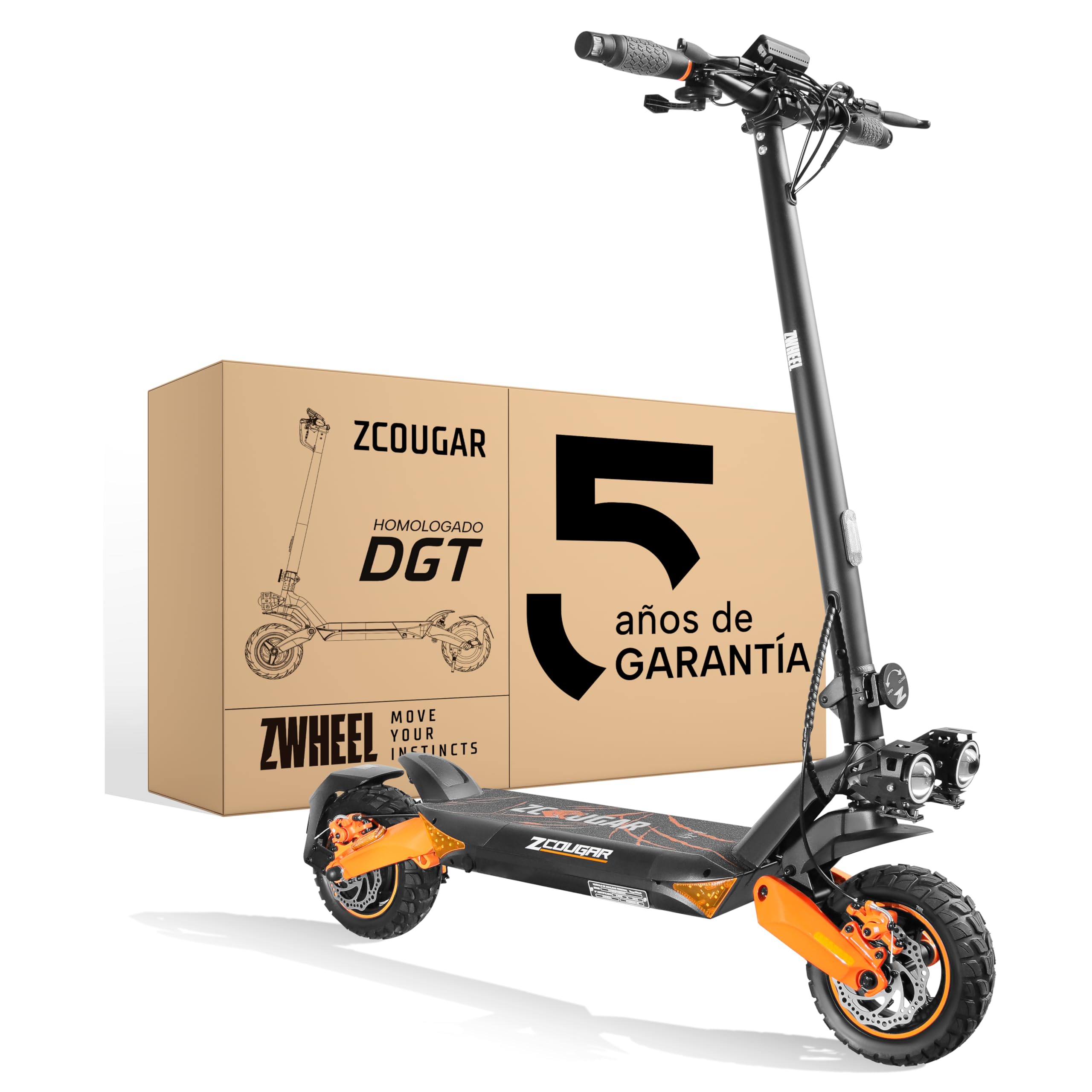 ZWHEEL ZCOUGAR | Patinete Eléctrico Adultos Homologado DGT - 800W-​1600W MAX, 35km Autonomía, Suspensión Mejorada Duo Shock, IP54, Frenos Regeneradores AER - Ruedas 10" Offroad Todoterreno