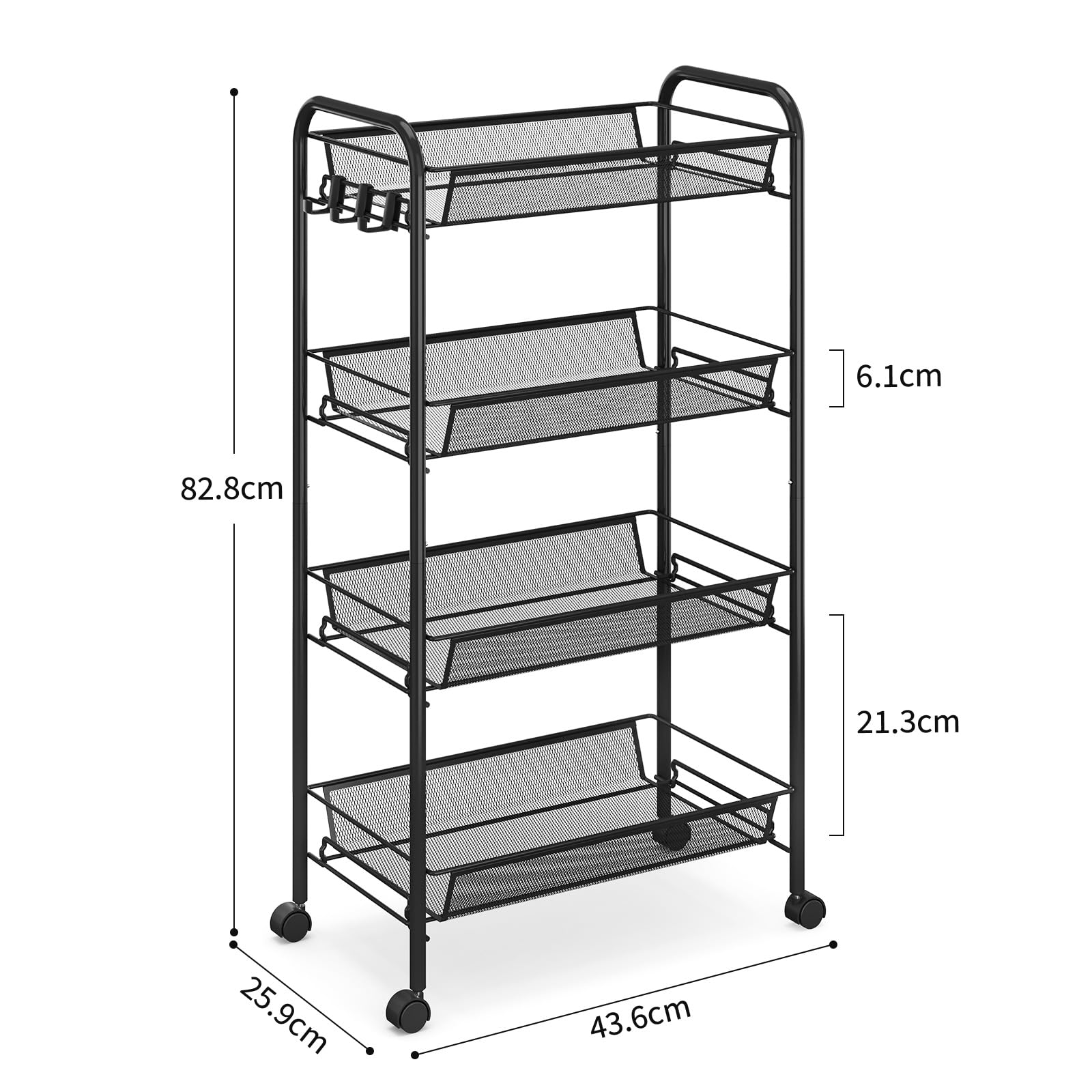 Urackify Rolwagen met 3 verdiepingen, multifunctionele mobiele keukentrolley voor badkamer, keuken en bijkeuken. Roestvrij metaal, ademende netmand en zijhaken inclusief. Eenvoudige montage, groen