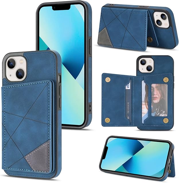 UEEBAI Wallet Case for iPhone 13 6.1 inch, Slim PU Leather Case with Card Holders Kickstand Double Magnetic Clasp Durable Skin feel Shockproof Flip Folio Cover - Blue