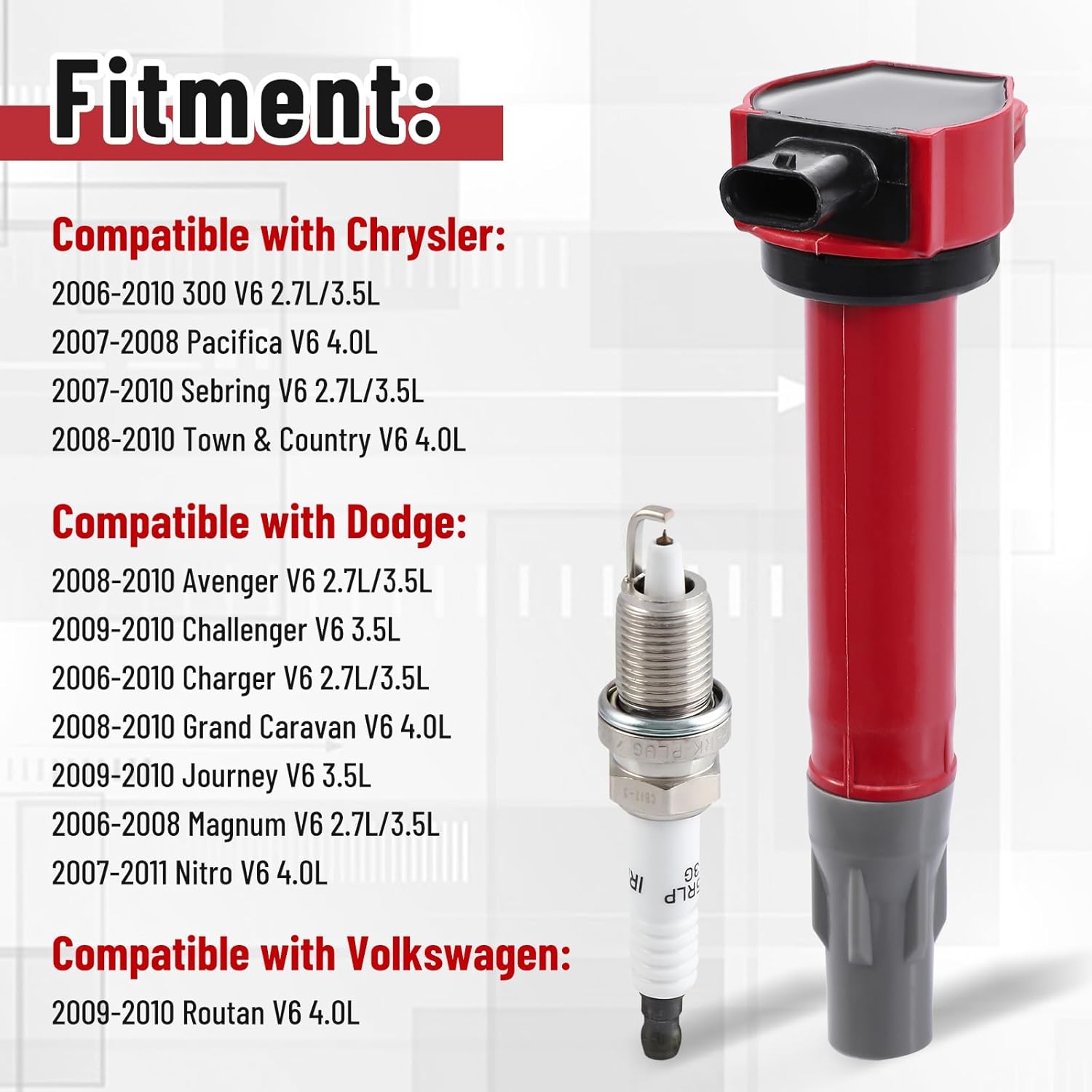 Pindex 6 Pack UF502 Ignition Coils and Spark Plugs Coils Pack Kit Compatible with 2006-2010 Chrysler 2006-2011 Dodge 2009-2010 Volkswagen 04606869AB 04606869AA