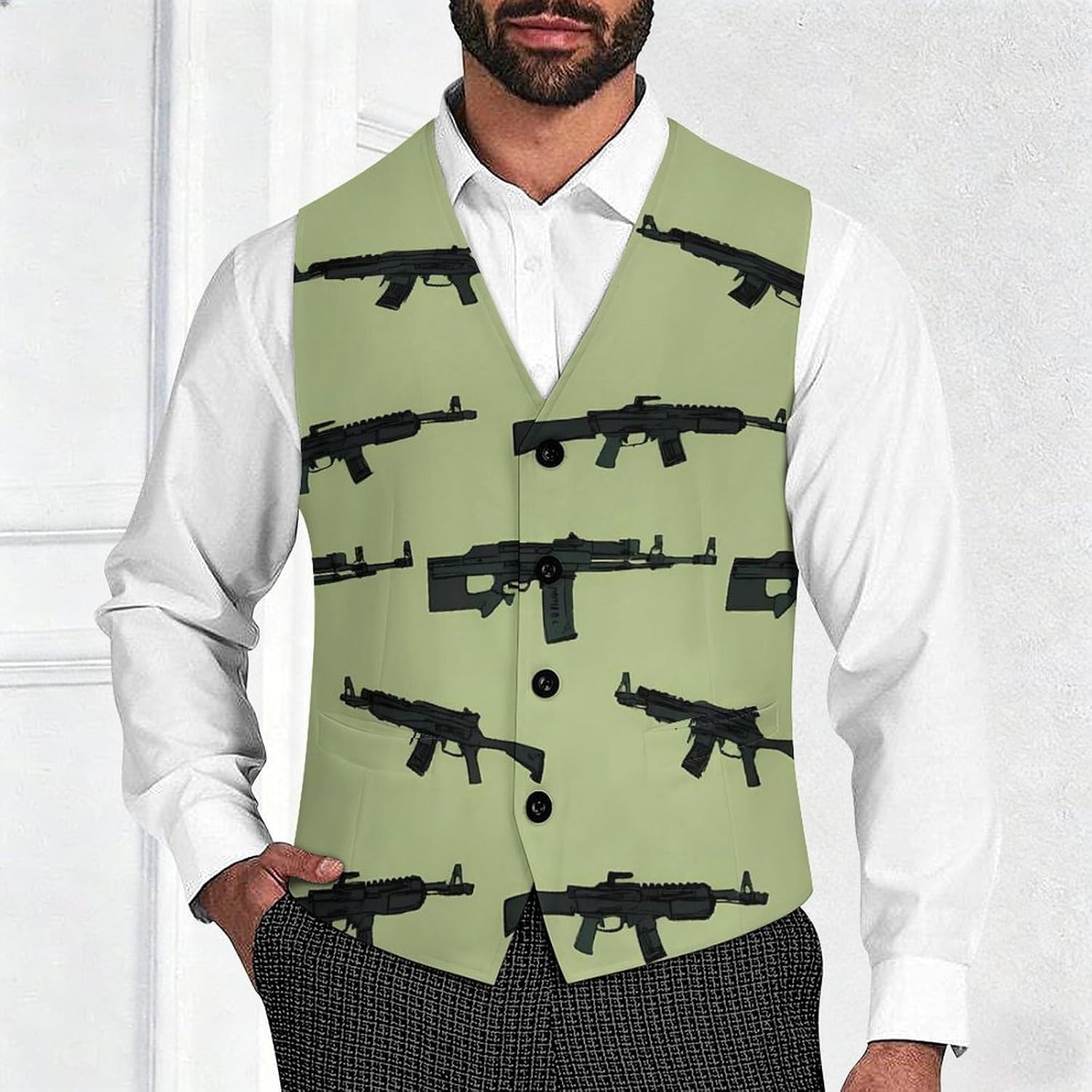 Machine Guns Army Rifle Men's Suit Vest Formal Vests Casual Dress Fit Waistcoat Casual Tuxedo for Business