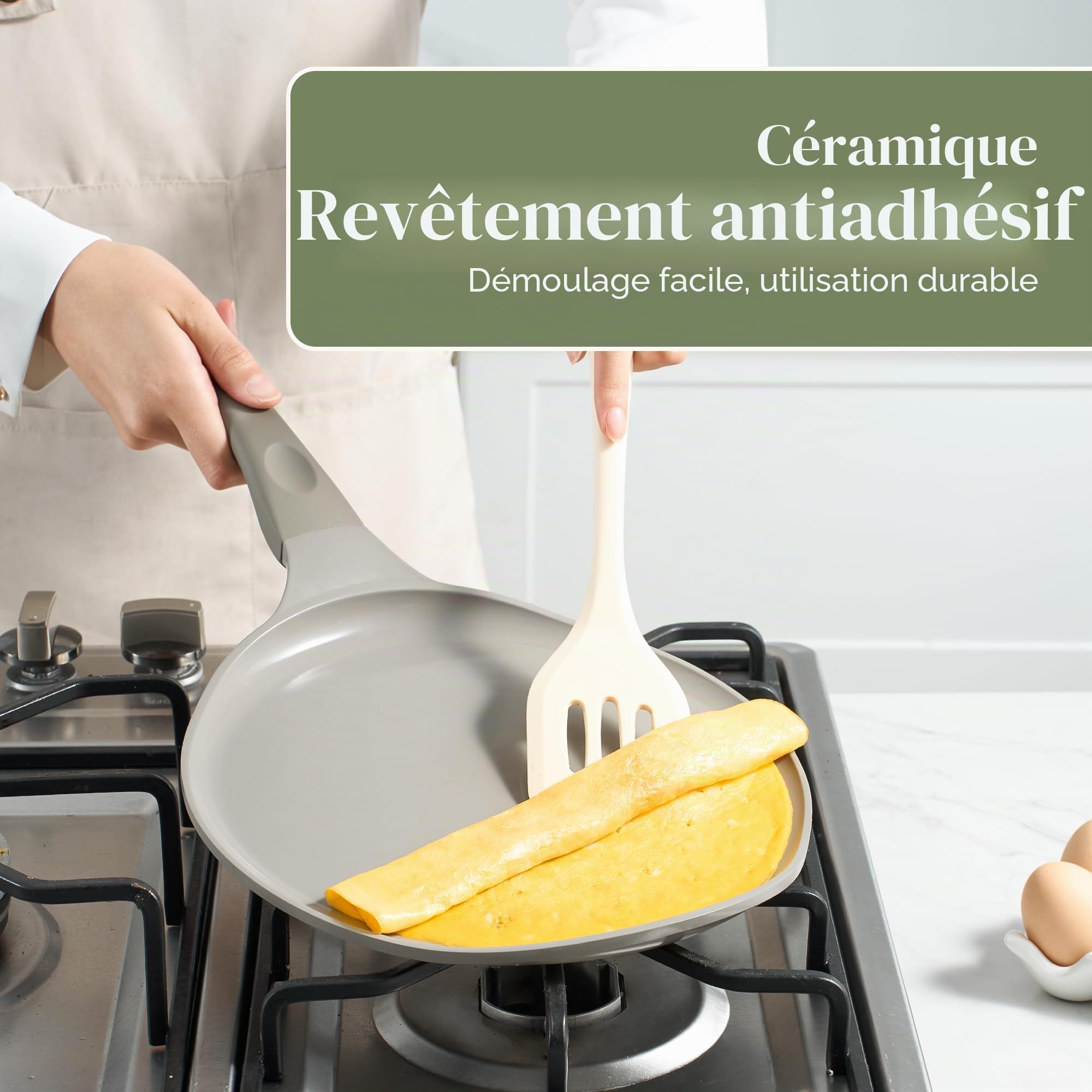 Redchef Poêle à crêpes, 26 cm, en céramique antiadhésive, sans PTFE, sans PFOA, résistante aux rayures, passe au lave-vaisselle, grise