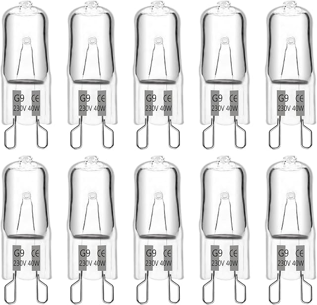 G9 Halogen Light Bulbs 230V 40W Dimmable, 480LM Warm White 2700K, 360° Beam Angle, No Flicker, G9 Halogen Capsule Bulbs for Cooking Lighting, Wax Lamp, RV Light, Chandelier and Ceiling Lights, 10 Pack
