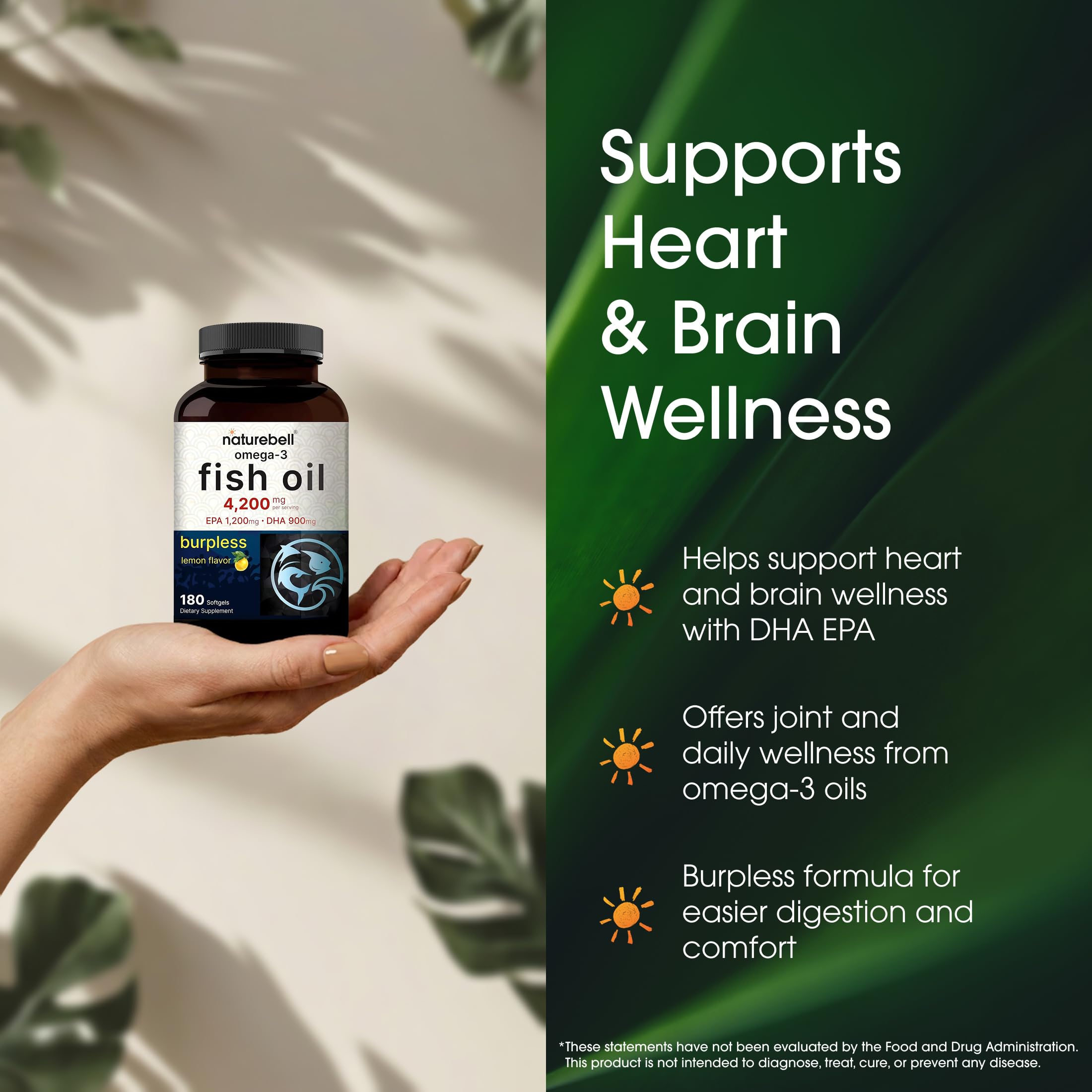 NatureBell Omega-3 Fish Oil - 180 Softgels - Support for Joint, Brain & Heart Health* - with EPA & DHA - No Burps or Fishy Aftertaste - Non-GMO & Mercury-Free Formula - Lemon Flavor — Amazon image 4