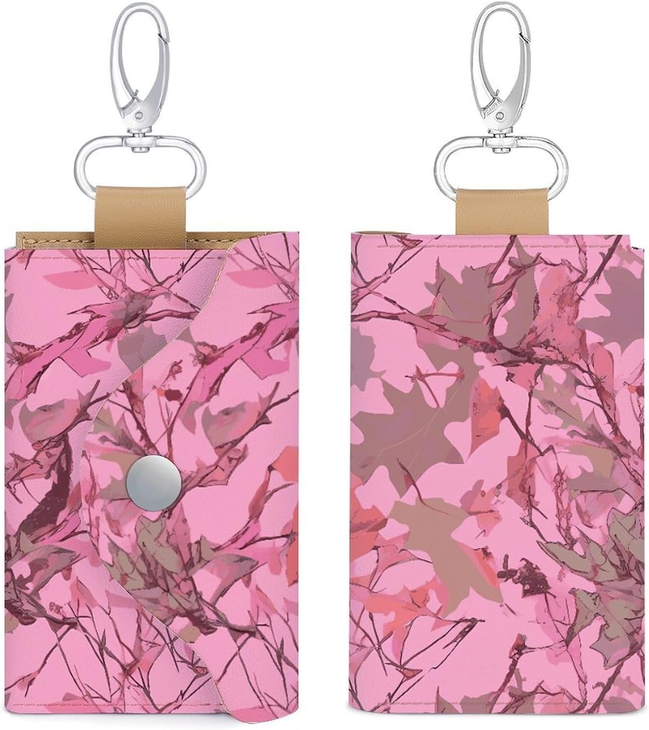 Pink Leaves Camo Key Case Leather Car Key Holder Bag Portable Small Coin Purse Unisex Pouch Keychain