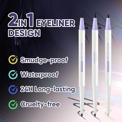 Miniatura 3 de CHARMACY Delineador de ojos 2 en 1 negro líquido, lápiz delineador de ojos de gel negro, beige y marrón, resistente a las manchas, color de alta