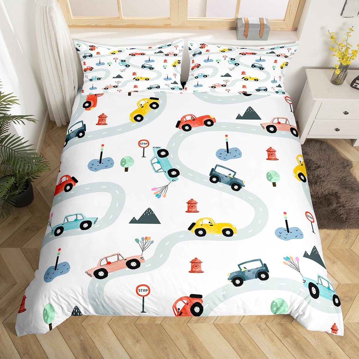 Homemissing Kids Cartoon Car Bedding Set King Size Cute Car Duvet Cover for Kids Boys Girls Cars Comforter Cover Soft Boys Bedspread Cover,No Comforter