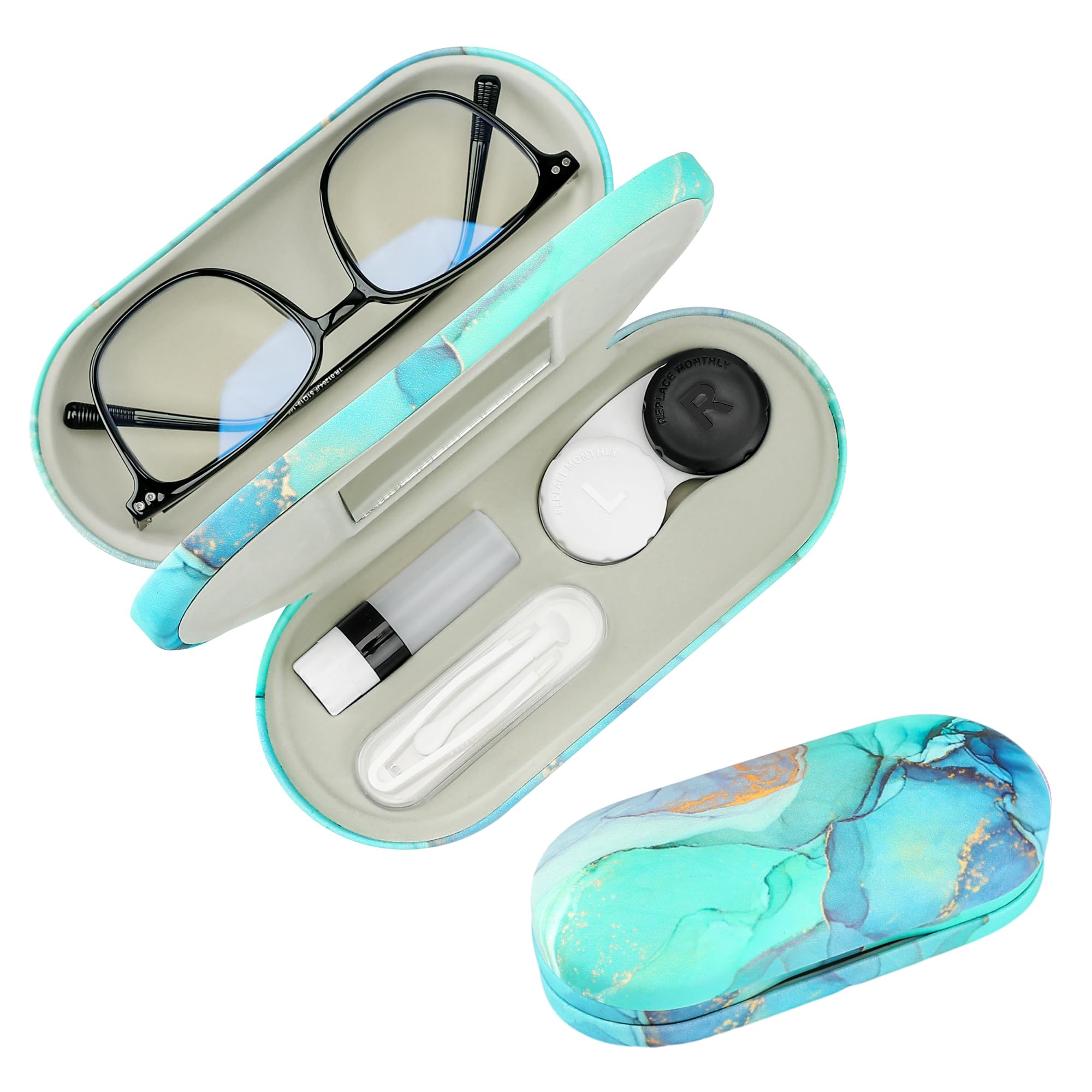 Zettokete 2 in 1 Contact Lens and Glasses Case,Double Sided Dual Use Design with Mirror, Tweezer and Contact Lens Solution Bottle,Portable Soak