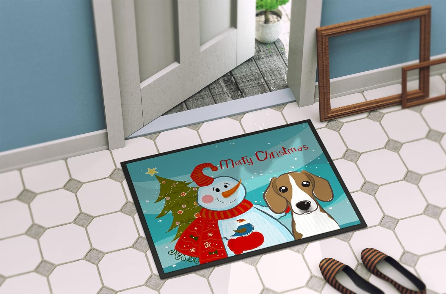 Caroline's Treasures BB1859JMAT Snowman with Beagle Doormat 24x36 Front Door Mat Indoor Outdoor Rugs for Entryway, Non Slip Washable Low Pile, 24H X 36W