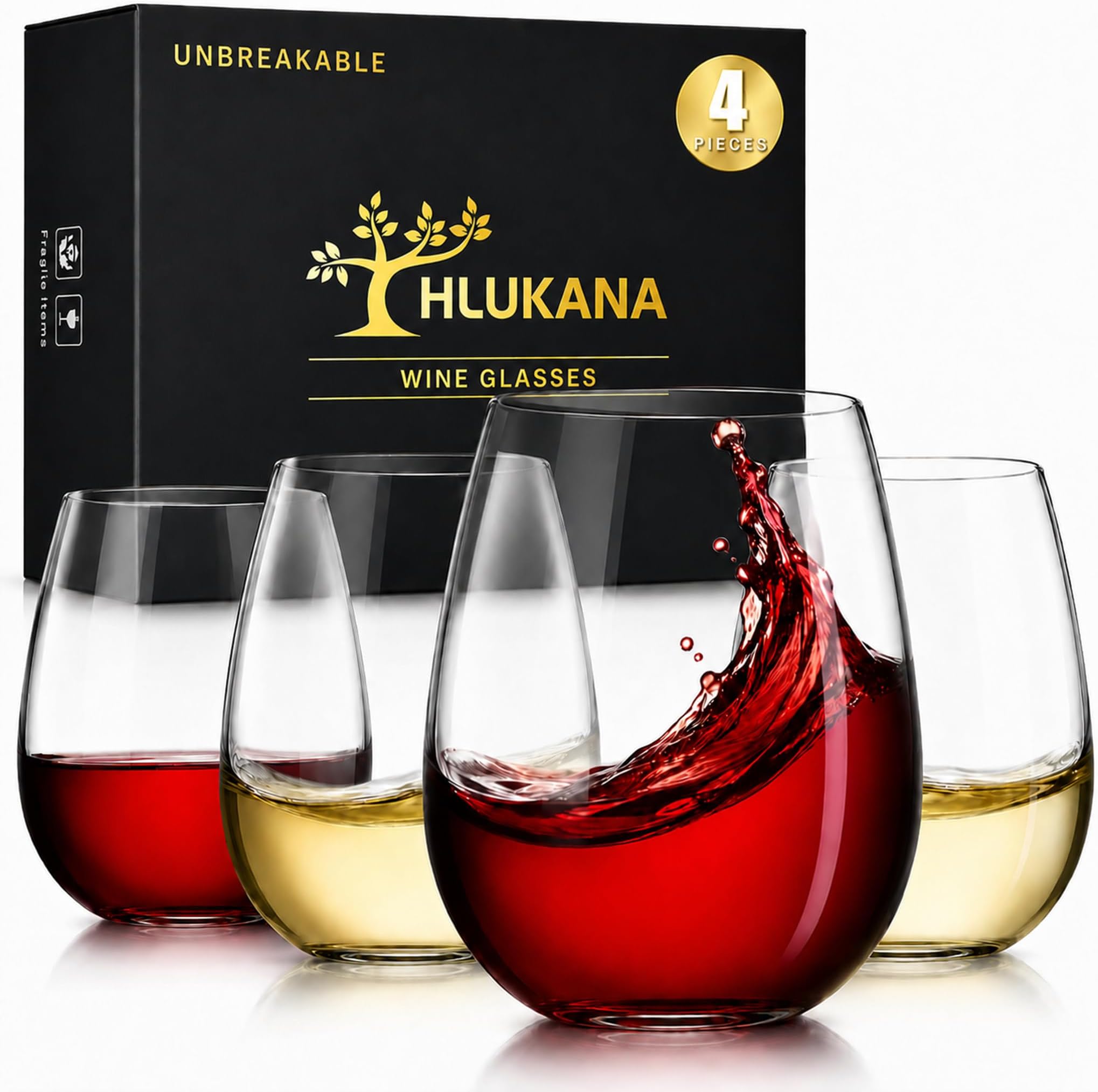 Unbreakable Acrylic Plastic Wine Glasses, 4 Pack 16 oz Reusable Stemless Wine Glass, BPA Free Tumblers, Drinking Glassware, Perfect for Indoor & Outdoor, Poolside, Party, Camping, Shatterproof 100%