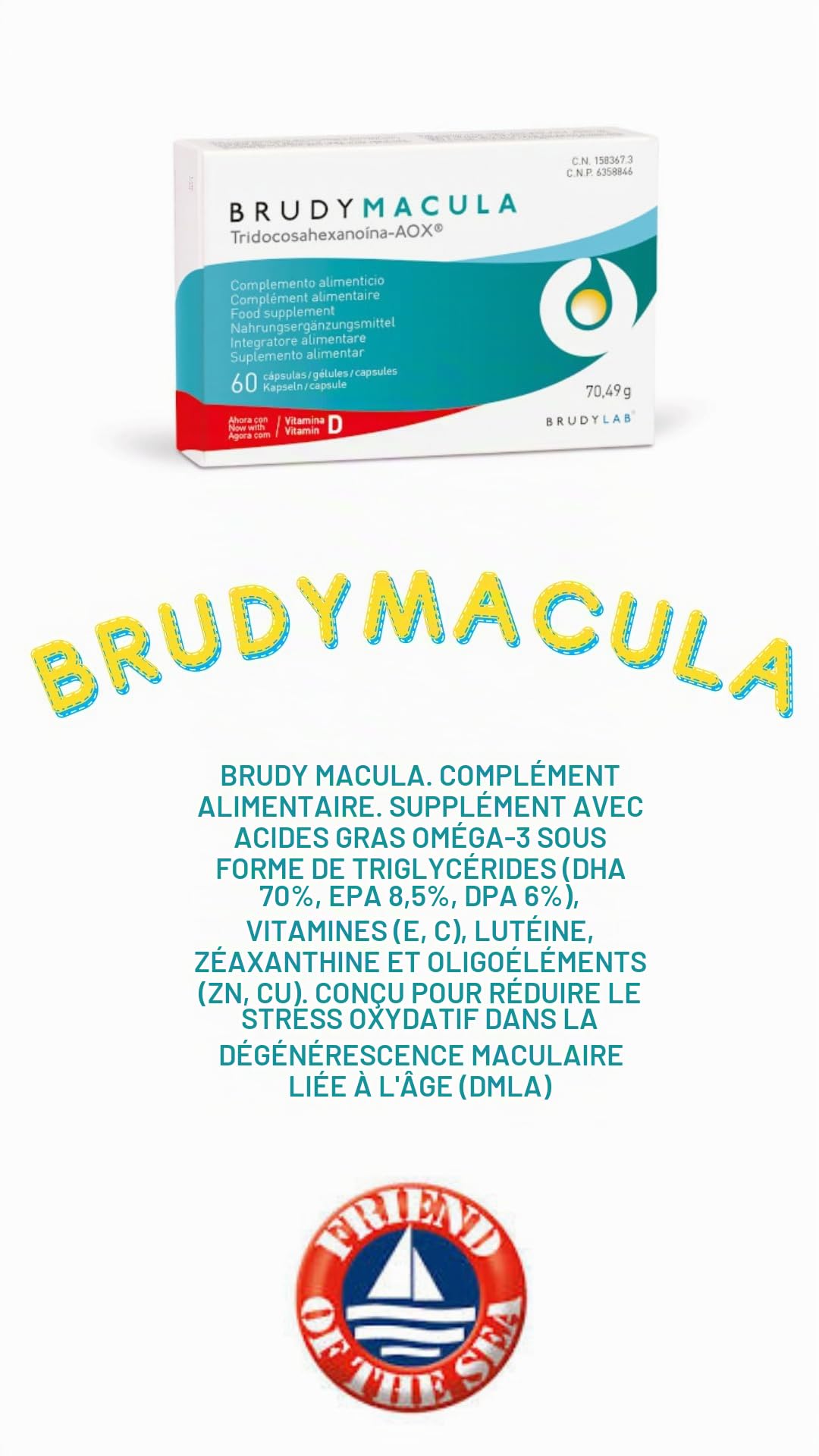 BRUDY LAB Brudy Macula - Acides gras Omega 3 DHA EPA DPA Lutéine et minéraux - Réduit le stress oxydatif dans la dégénérescence maculaire liée à l'âge (DMLA) - 60 gélules
