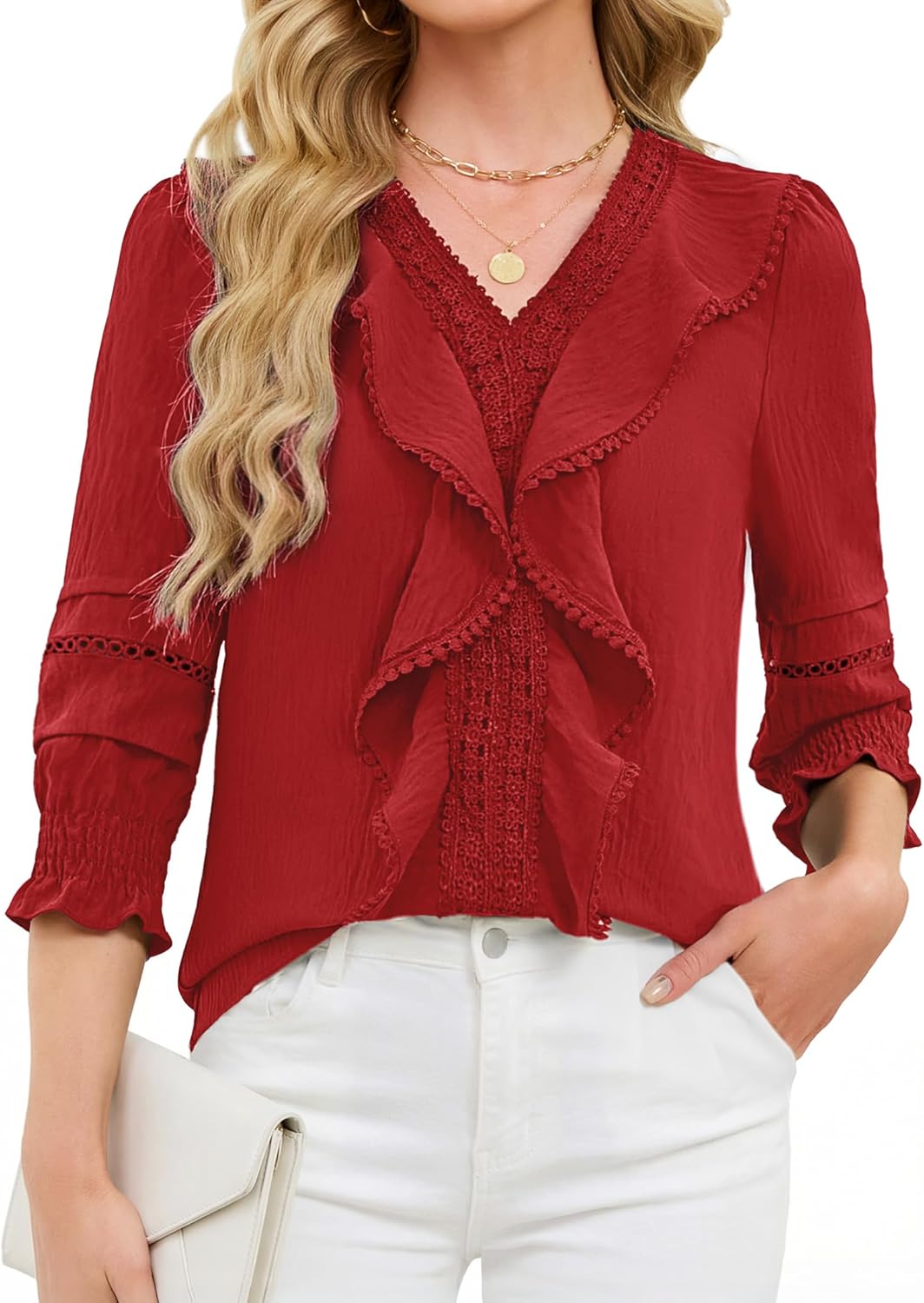 Funlingo 3/4 Length Sleeve Womens Tops Ruffle V Neck Blouses for Women Dressy Casual Lace Crochet Shirts with Smocked Cuffs