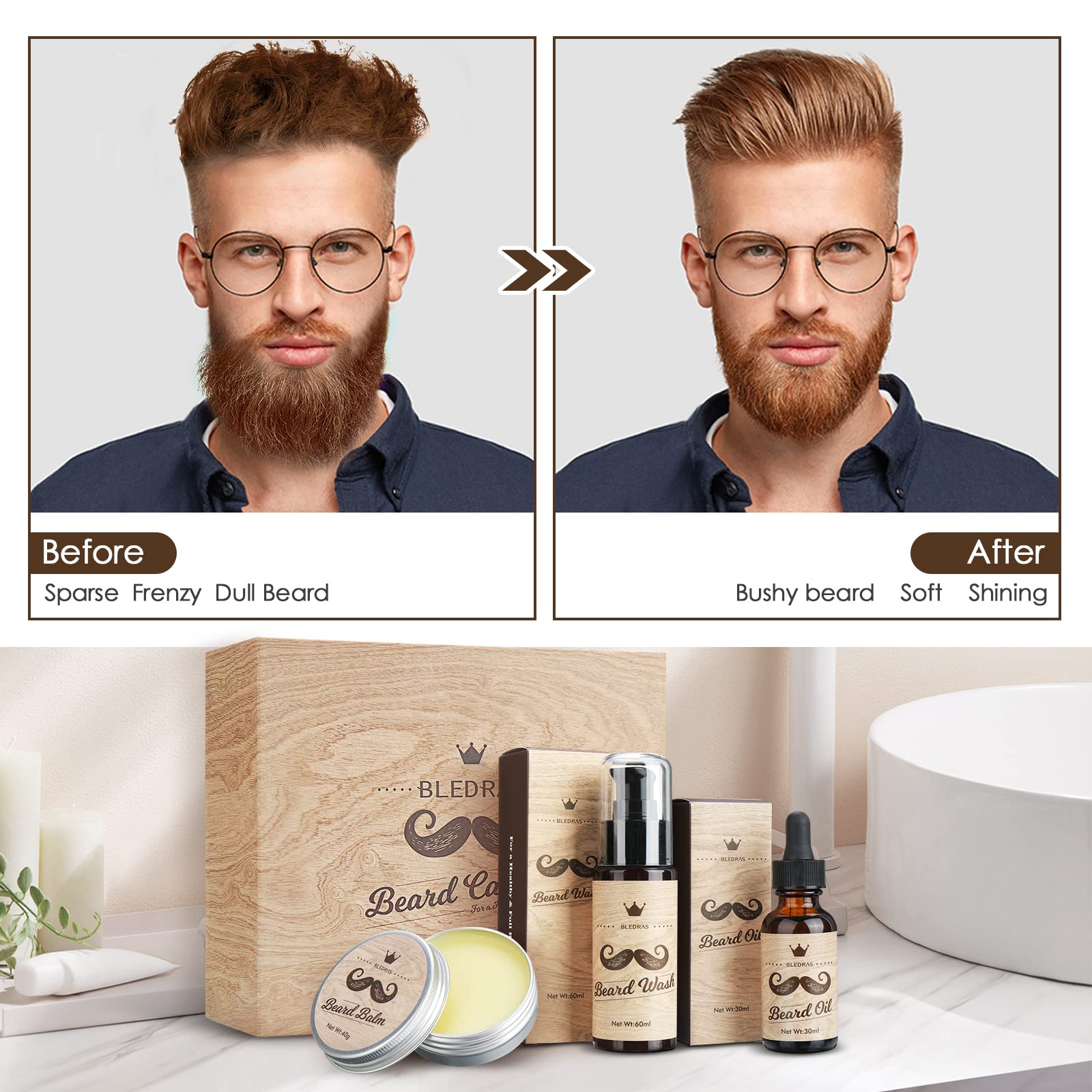 Kit Barbe Homme 9pcs - Bledras Kit de Soin Barbe Homme Complet-Soins Entretien Barbe -Huile Barbe, Shampoing, Baume, Peigne, Ciseaux, Pochoir,Brosse,Sac - Coffret Cadeaux Noël Hommes Original