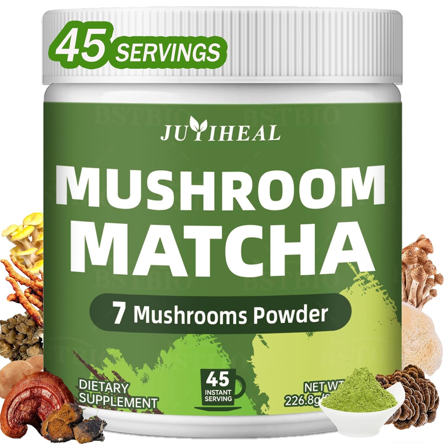 JUYIHEAL Mushroom Matcha 8 Oz | Japanese Ceremonial Matcha Infused with 7 Superfood Mushrooms, MCT Oil, Coconut Milk Powder | Energy, Focus, Digestion, Immunity (45 Servings)