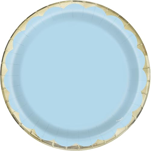 Unique Platos llanos de papel de aluminio festoneado azul pastel claro, 9 pulgadas, 10 unidades, perfectos para fiestas temáticas y celebraciones