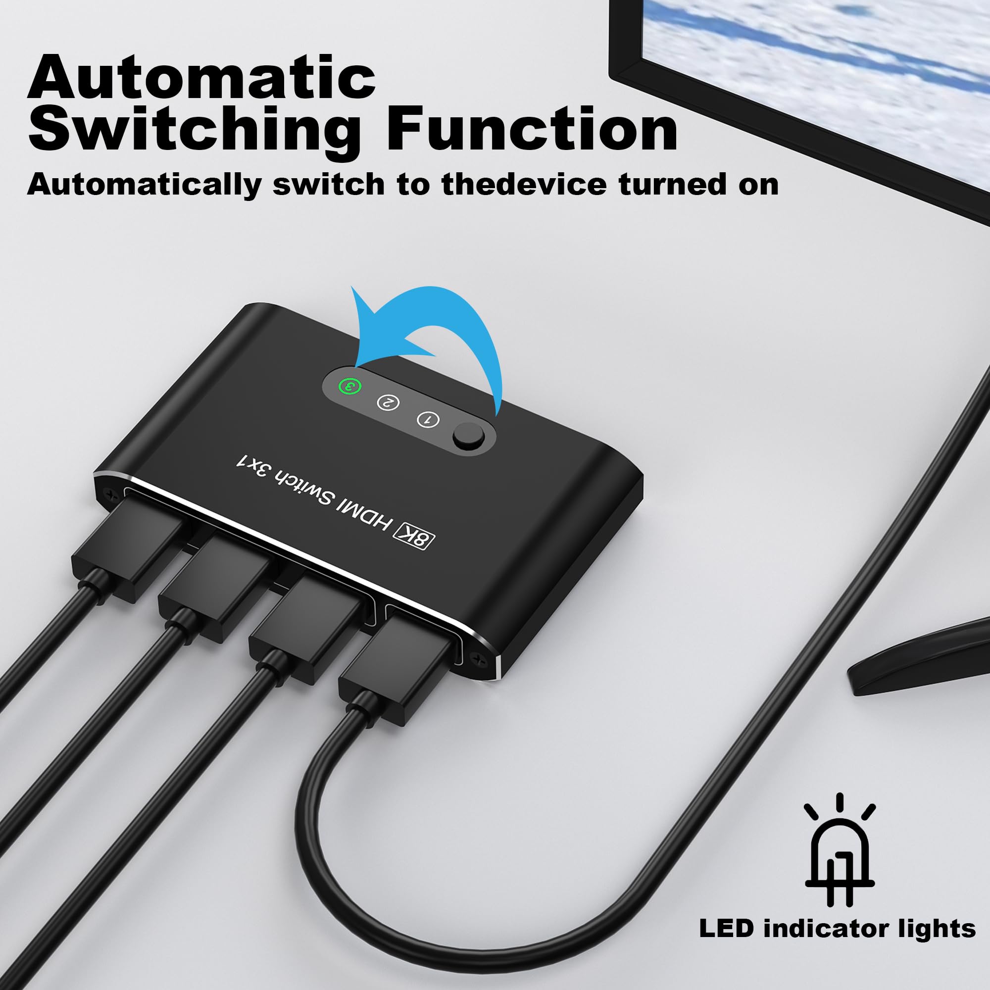 Conmutador HDMI 2.1 3 en 1, interruptor divisor HDMI 8K, compatible con 4K a 120Hz, 8K a 60Hz, caja HDMI Ultra HD de 48 Gbps, carcasa de aluminio, compatible con PS4/PS5, Xbox, Fire Stick, Apple TV