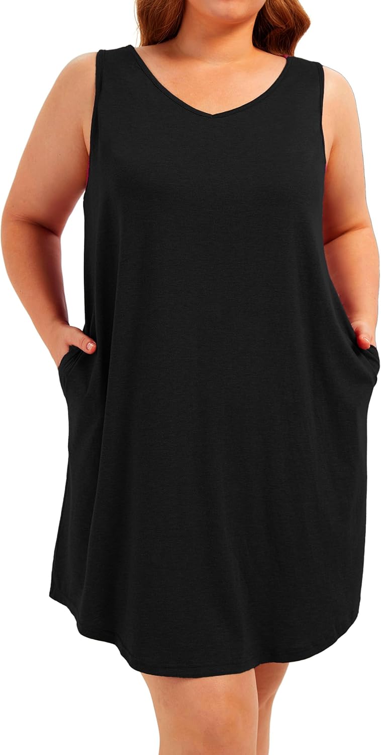 Plus Size V Neck Tank Nightgowns Women Sleepwear Sleeveless Night Gown Dresses Sleep Shirts with Pockets - Image 2