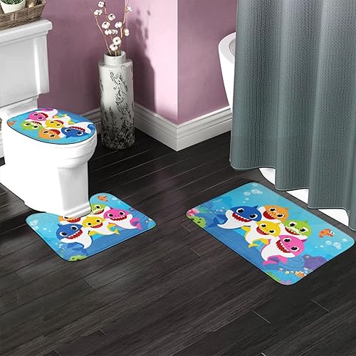 Miniatura 3 de Baby S-Hark - Juego de 3 alfombras de baño antideslizantes + alfombra de contorno en forma de U + cubierta de tapa de inodoro