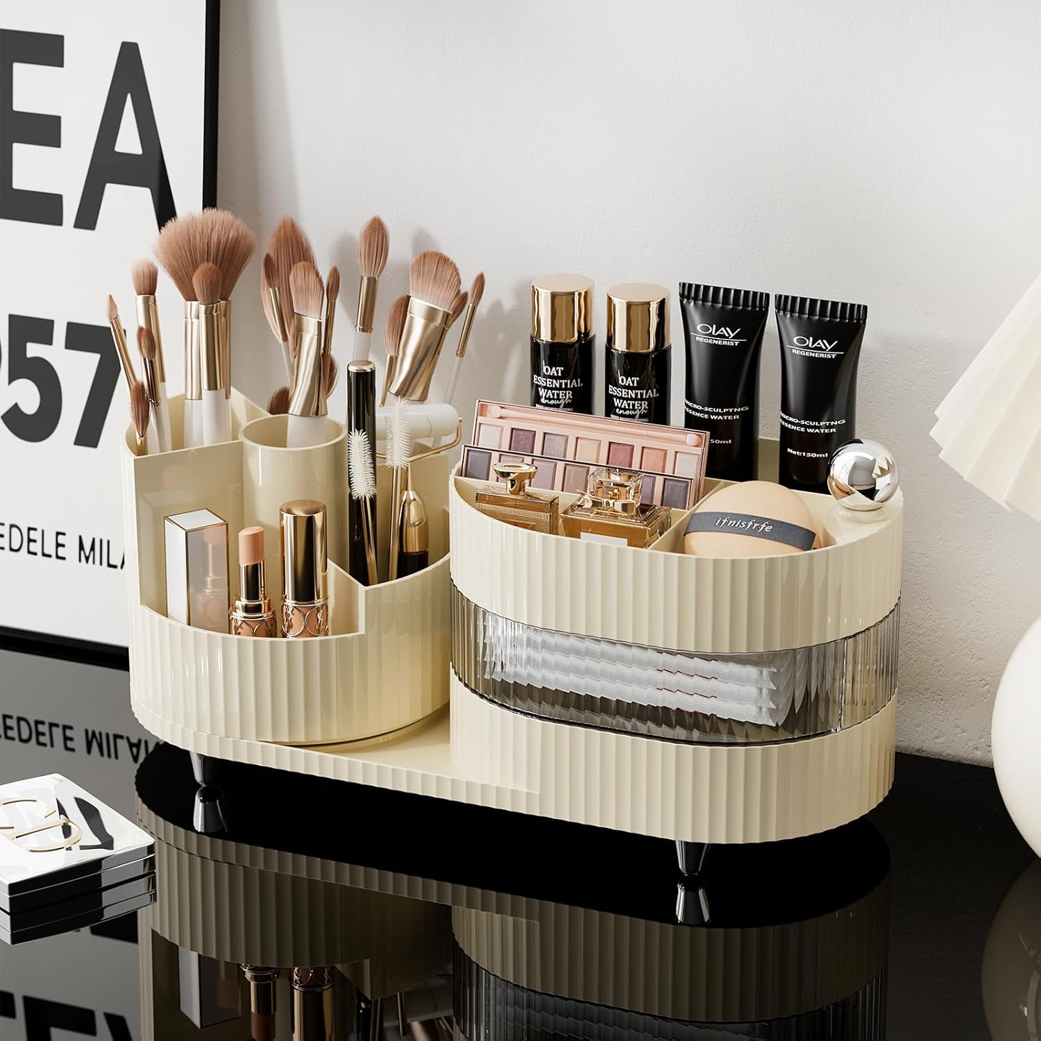 Ivory Rotating Vanity Organizer with Drawer & Brush Holder - 3 Layer Cosmetic Skincare & Perfume Storage - Countertop Makeup Display Case