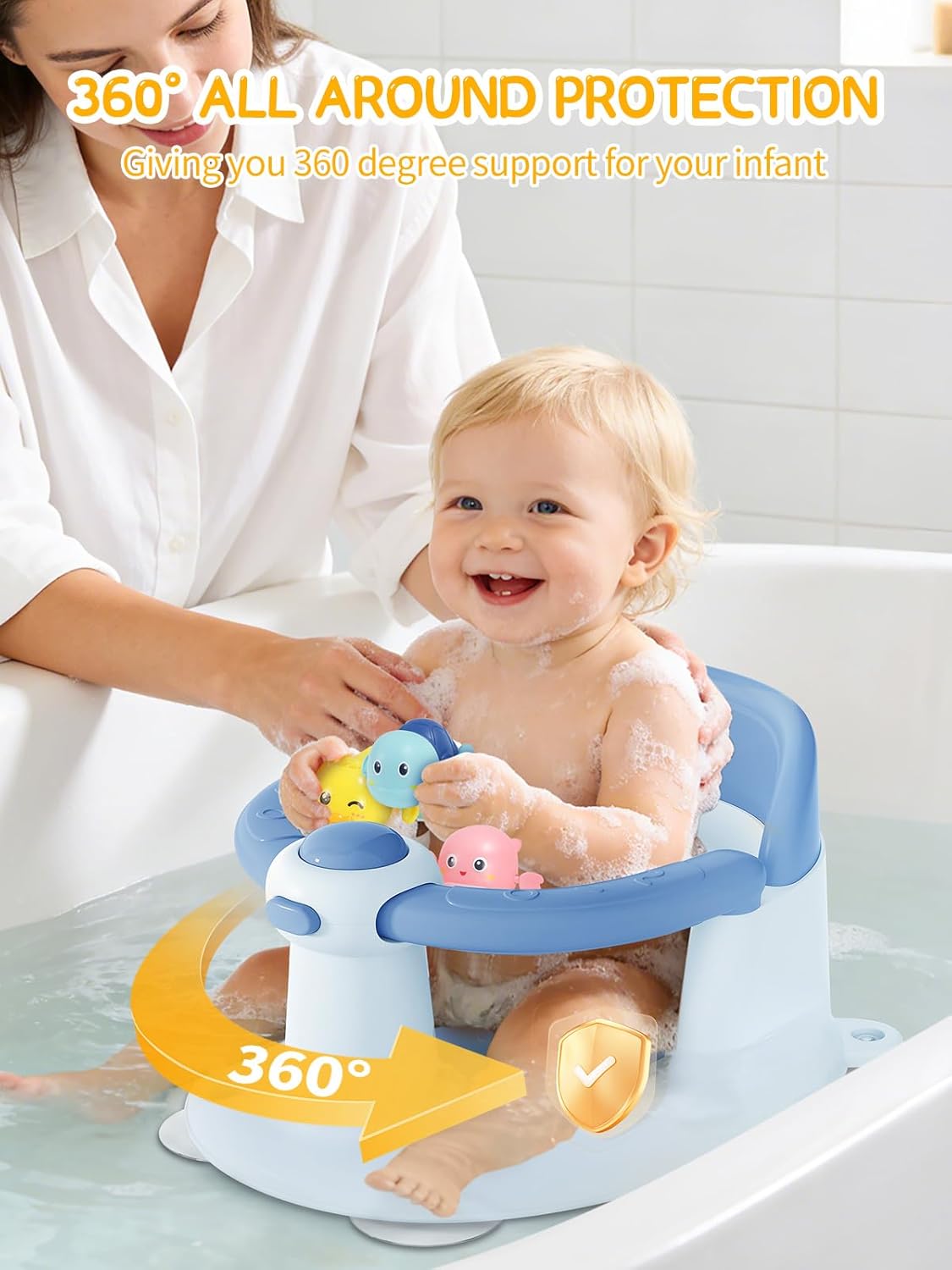 Baby Bath Seat for Babies 6 Months & Up - Bathtub Seats for Babies with 3 Baby Bath Toys, Non-Slip, Comfortable, Infant Bath Essentials-Blue