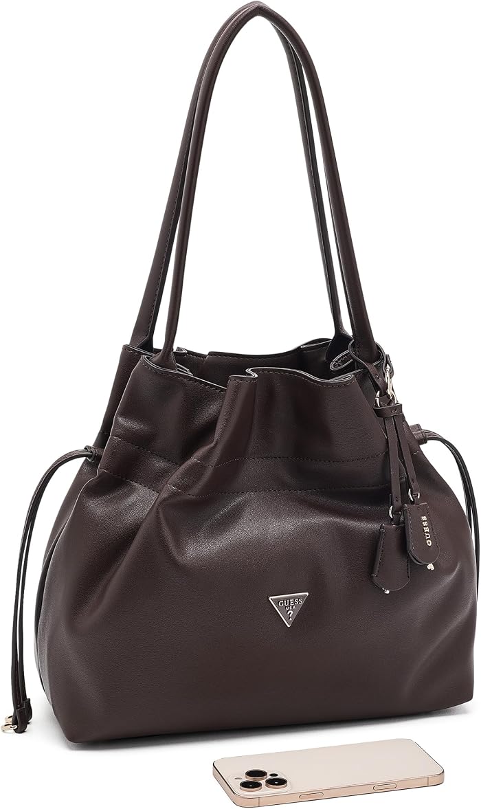 Женская сумка GUESS Karima Drawstring Tote, цвет: Коричневый — фото 3